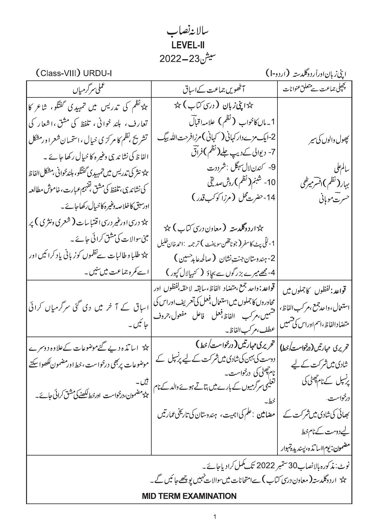 Edudel Class 8 (L-2) Urdu-A Syllabus - Page 1