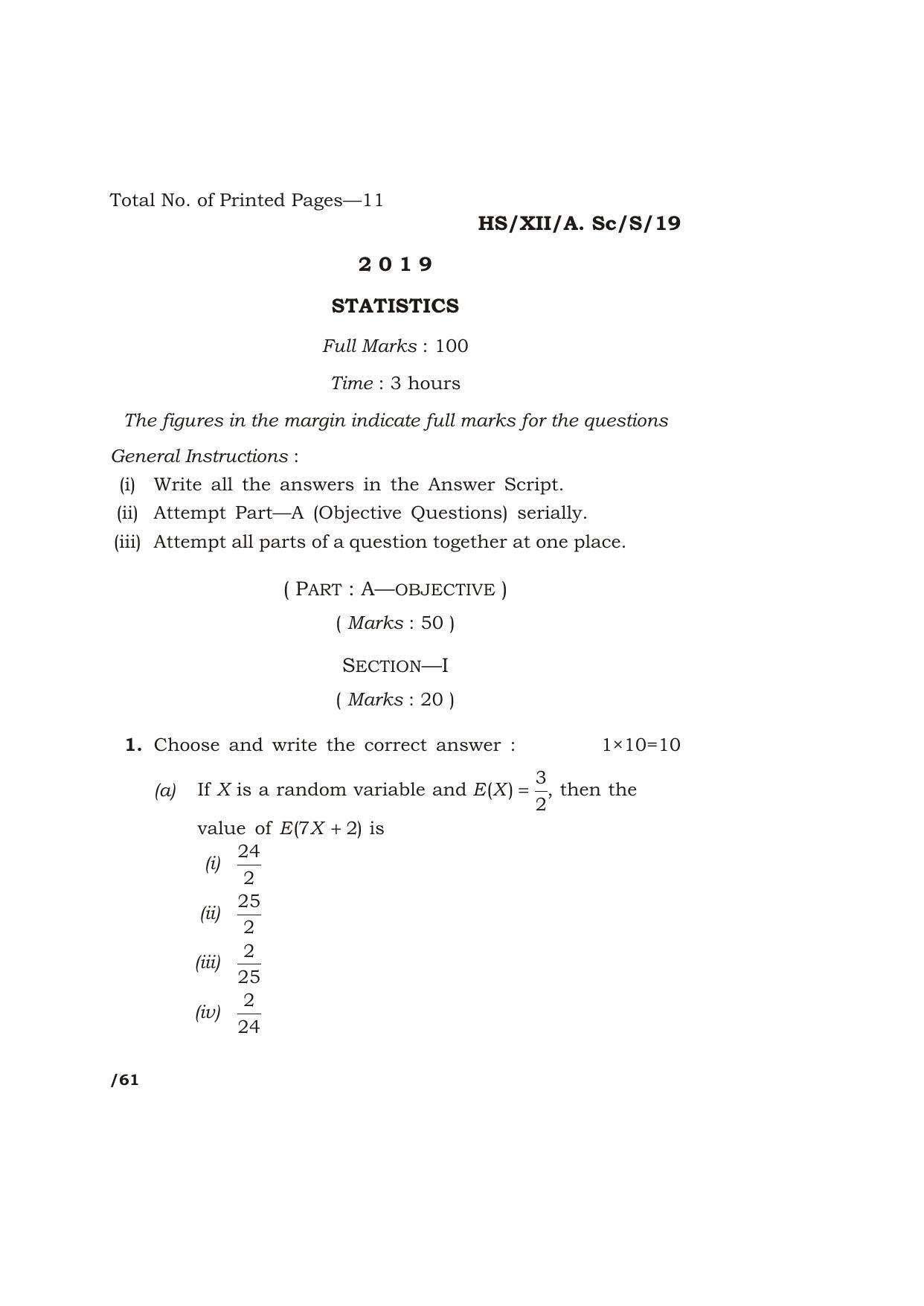 Meghalaya Board (MBOSE) Class 12 STATISTICS 2019 Question Paper - Page 1