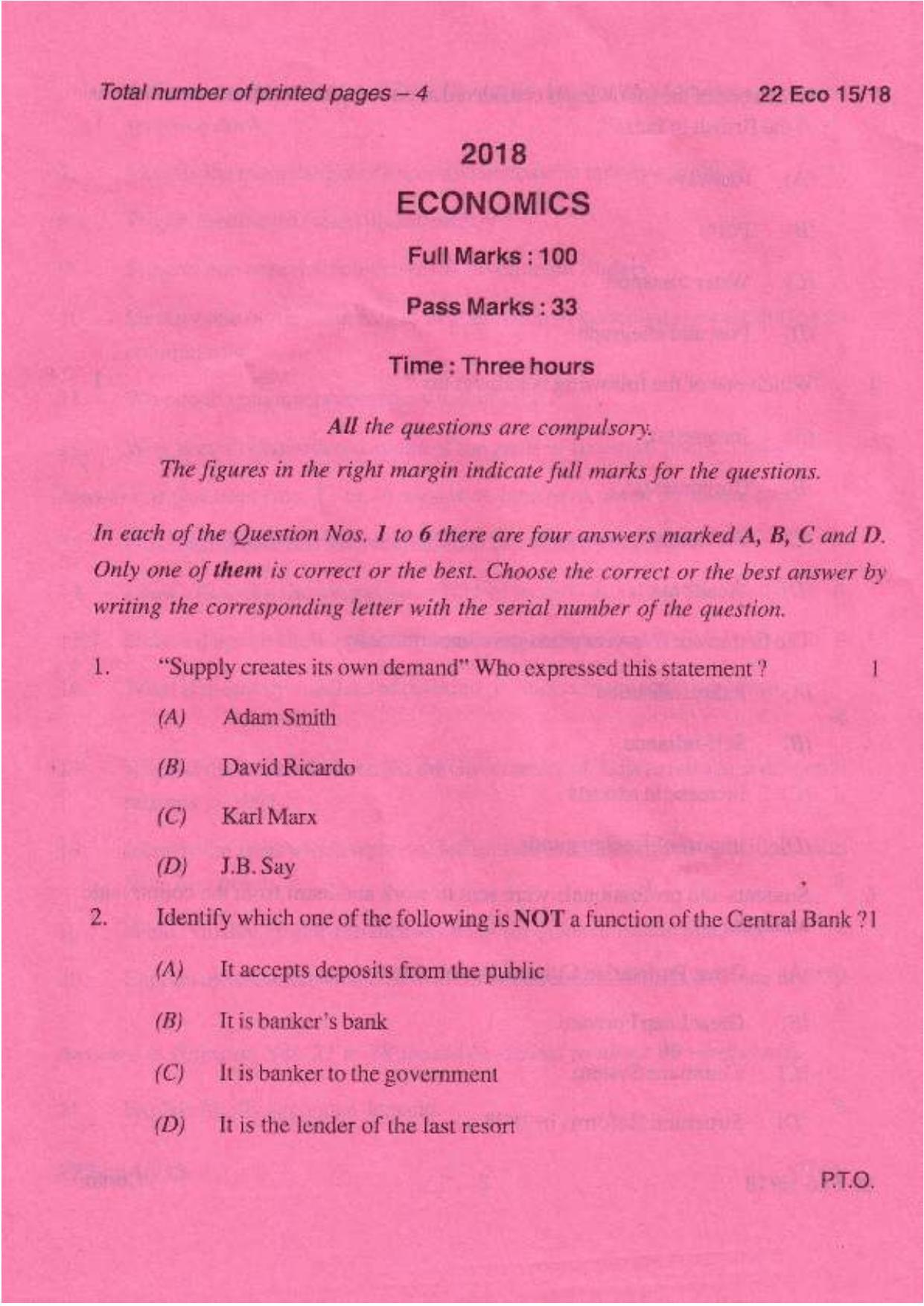 COHSEM Class 12	Economics 2018 Question Papers - Page 1