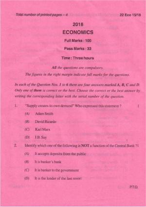 COHSEM Class 12	Economics 2018 Question Papers