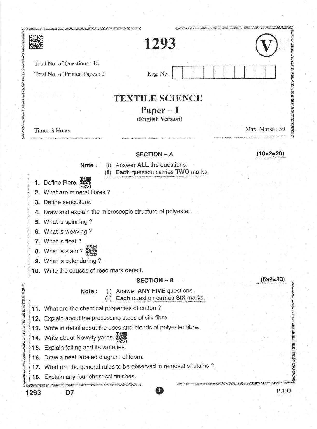 AP Intermediate 2nd Year Vocational Question Paper September-2021 - Textile_Science-I - Page 1