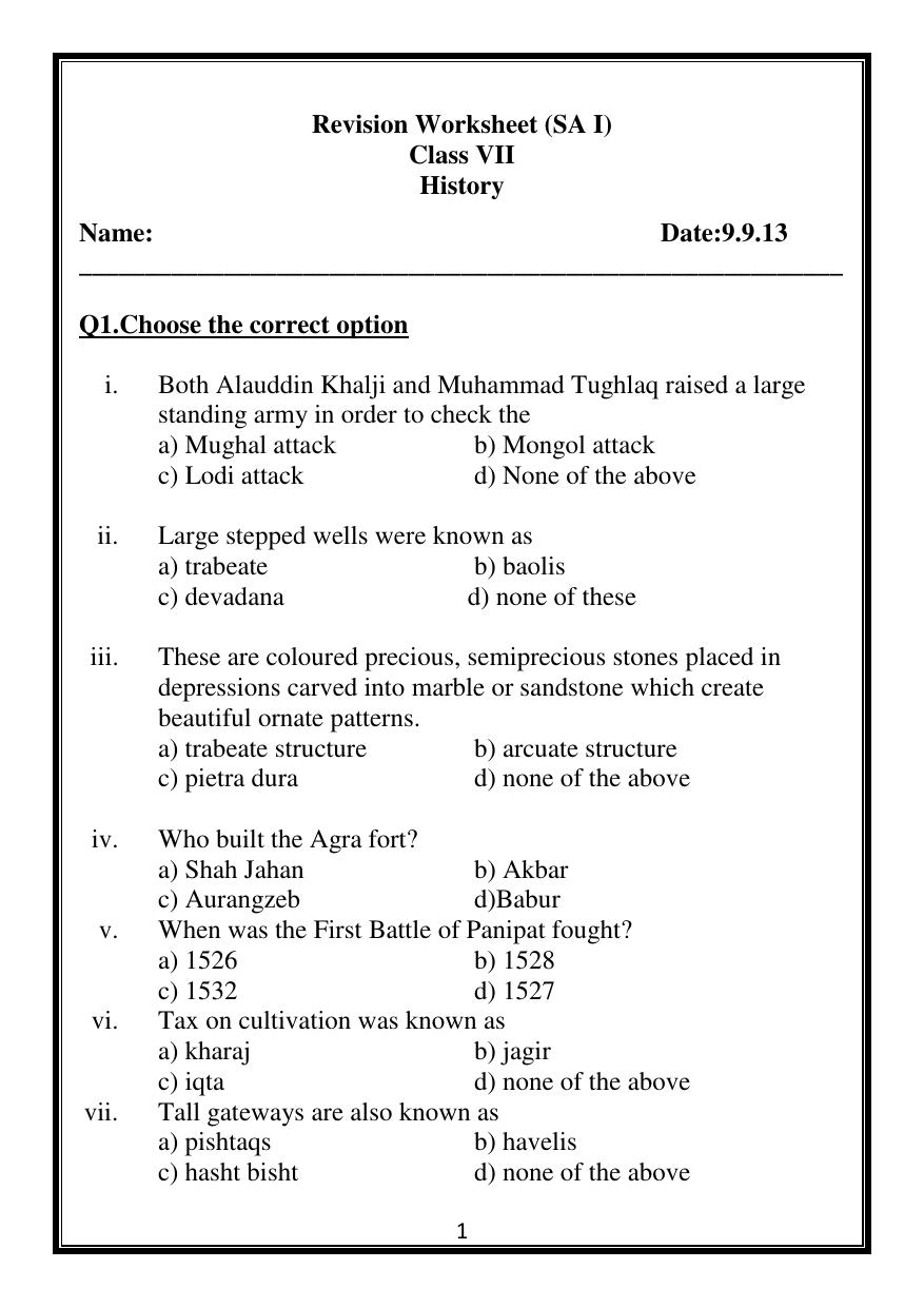 CBSE Worksheets for Class 7 Social Science History Assignment - Page 1