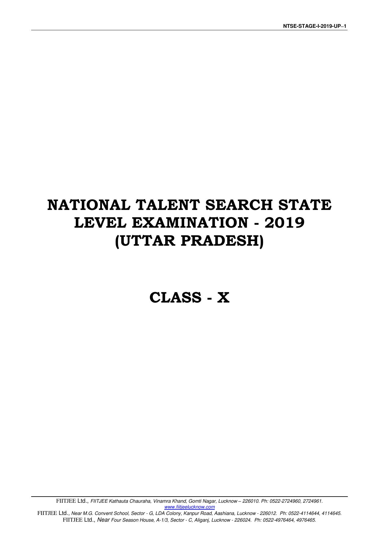 Uttar Pradesh NTSE 2019 SAT & MAT Question Papers - Page 1