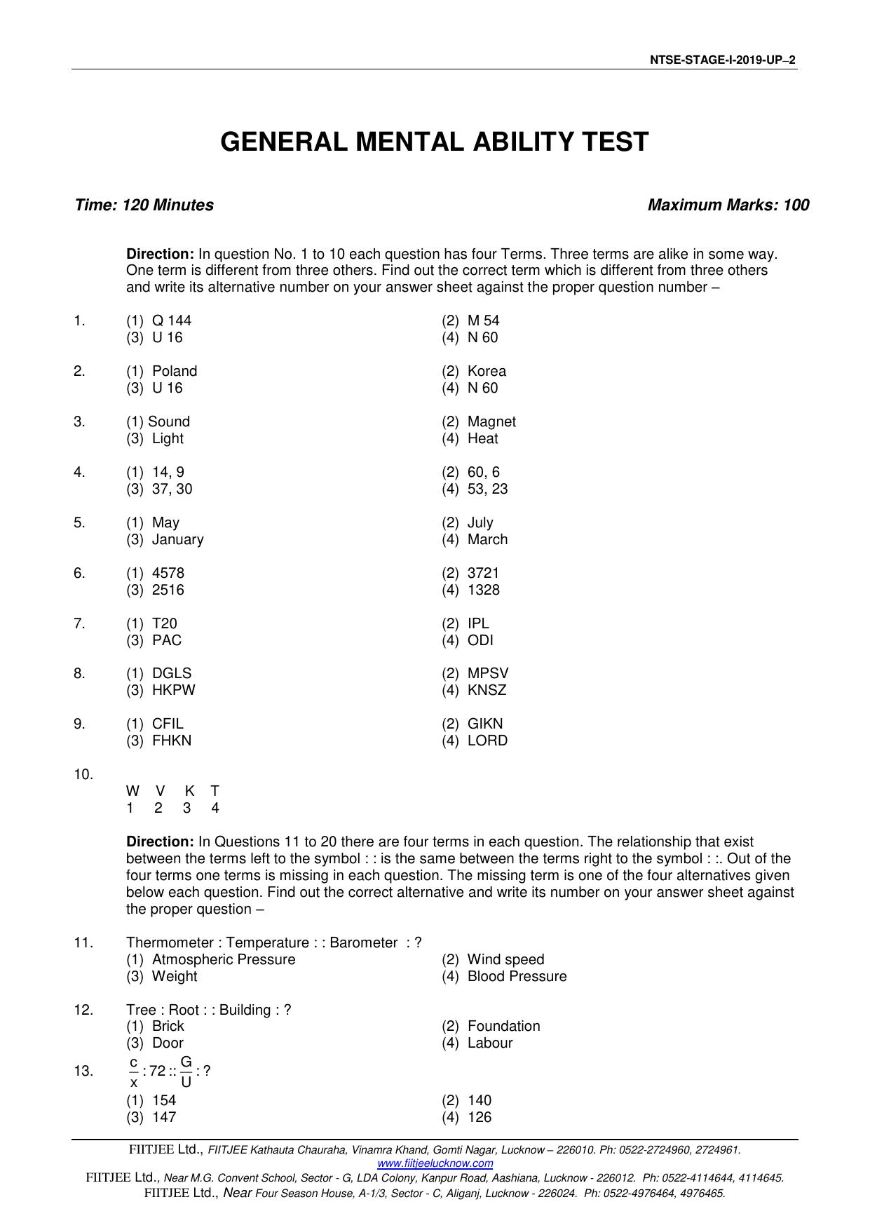 Uttar Pradesh NTSE 2019 SAT & MAT Question Papers - Page 2