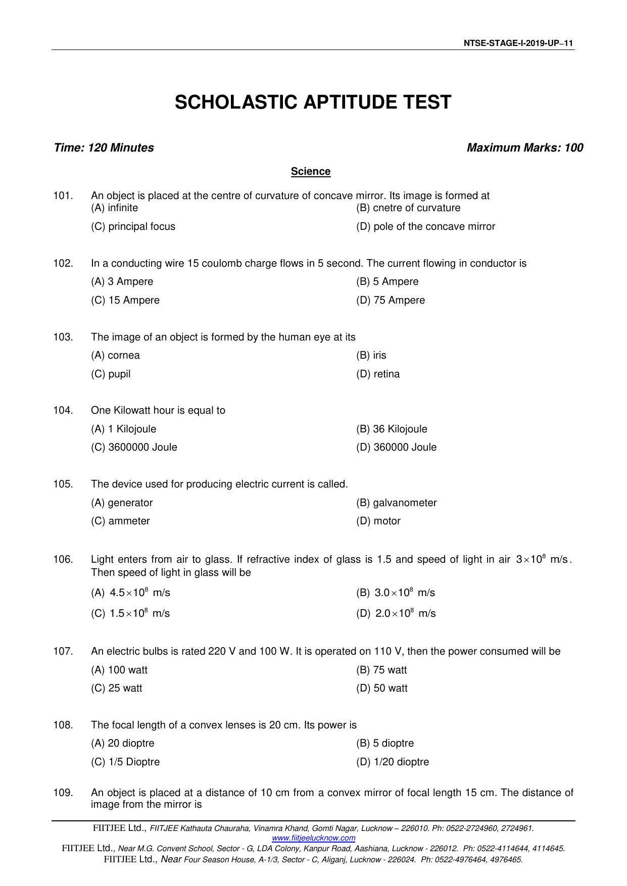 Uttar Pradesh NTSE 2019 SAT & MAT Question Papers - Page 11