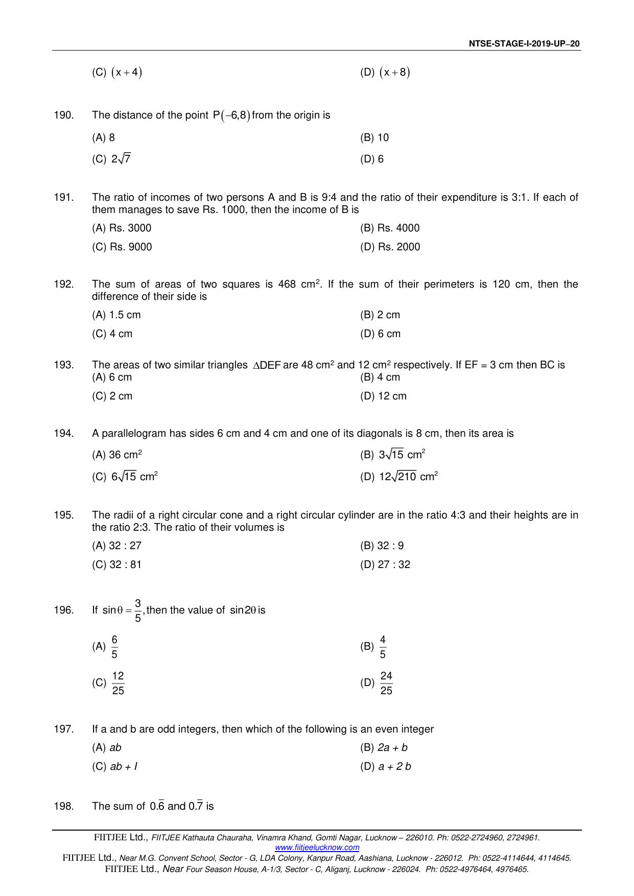 Uttar Pradesh NTSE 2019 SAT & MAT Question Papers - Page 20