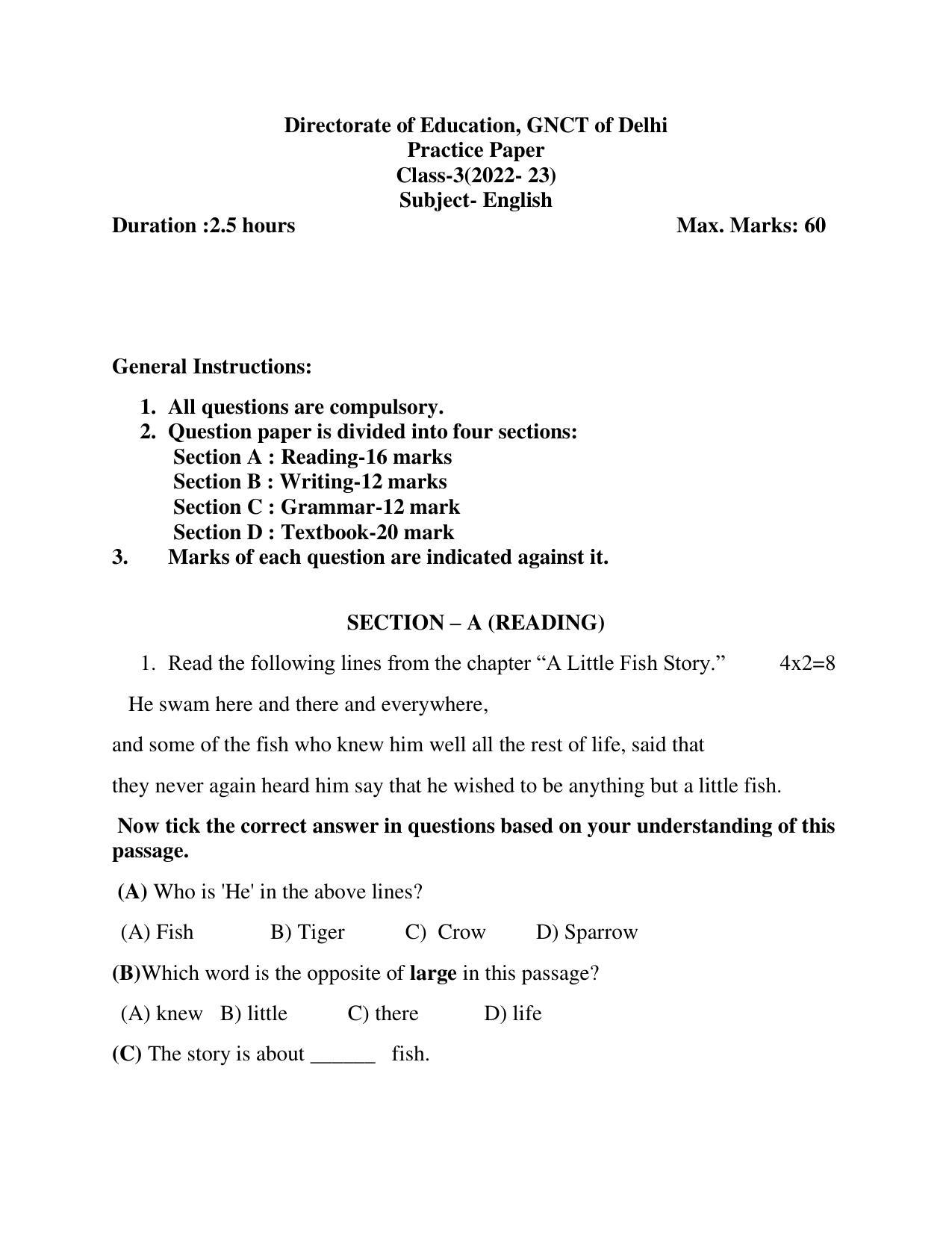 Edudel Class 3 English Sample Question Paper - Page 1
