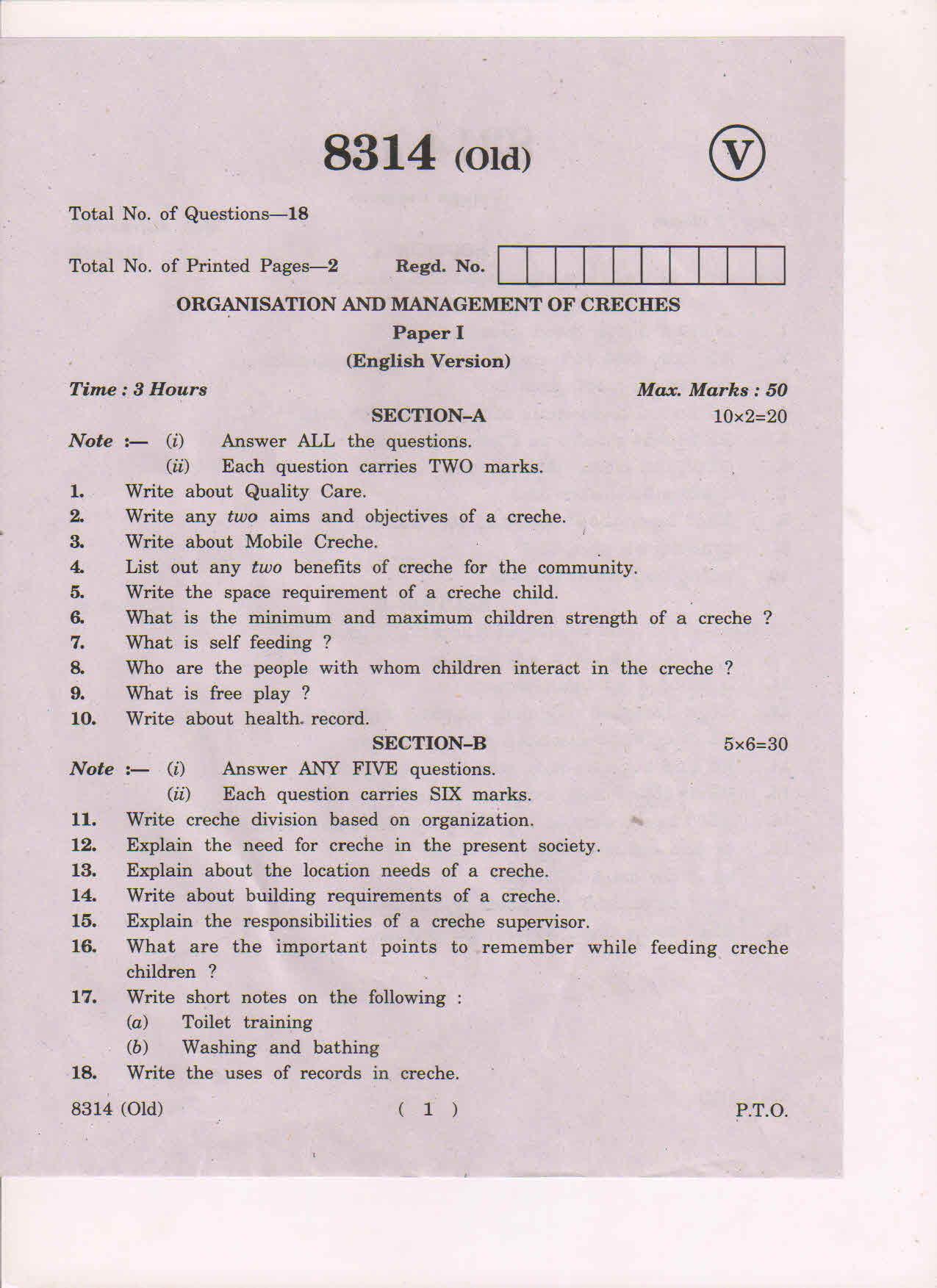 AP Inter 1st Year Organisation and Management of Creches-I (Old) March-2019-Vocational Question Paper - Page 1