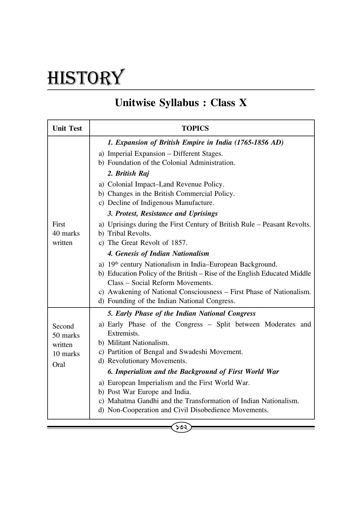 WBBSE Class X Syllabus (History) - Page 1