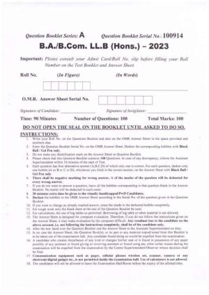 PU B.A./B.Com. LLB. (Hons.) 2023 Question Paper