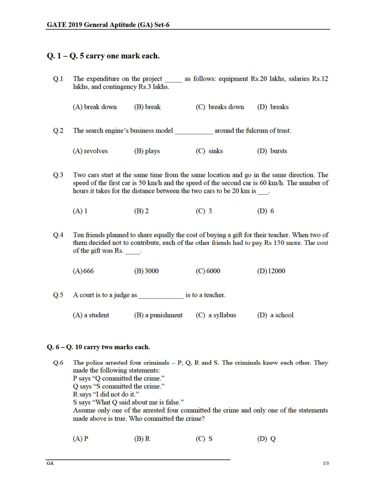 GATE 2019 Chemical Engineering (CH) Question Paper - Page 1
