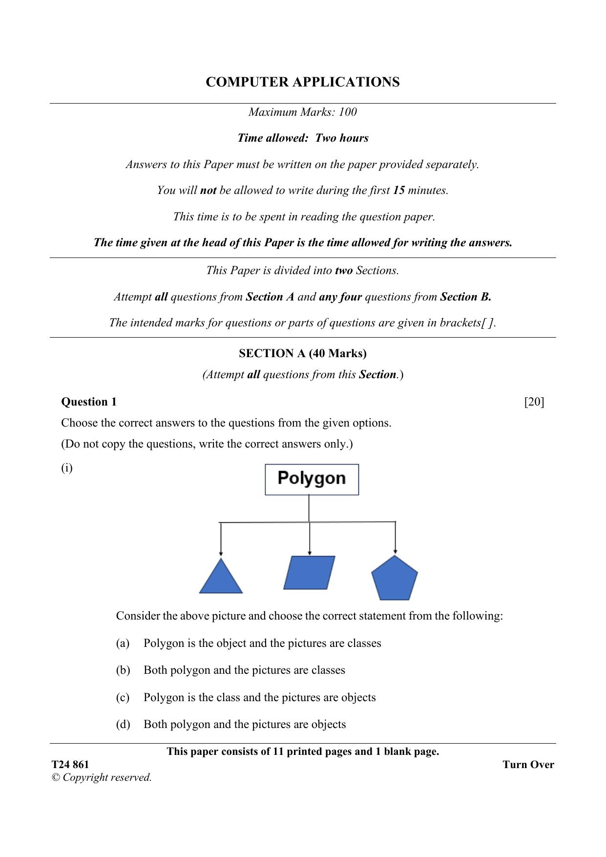 ICSE Class 10 Computer Applications 2024 Question Paper - Page 1