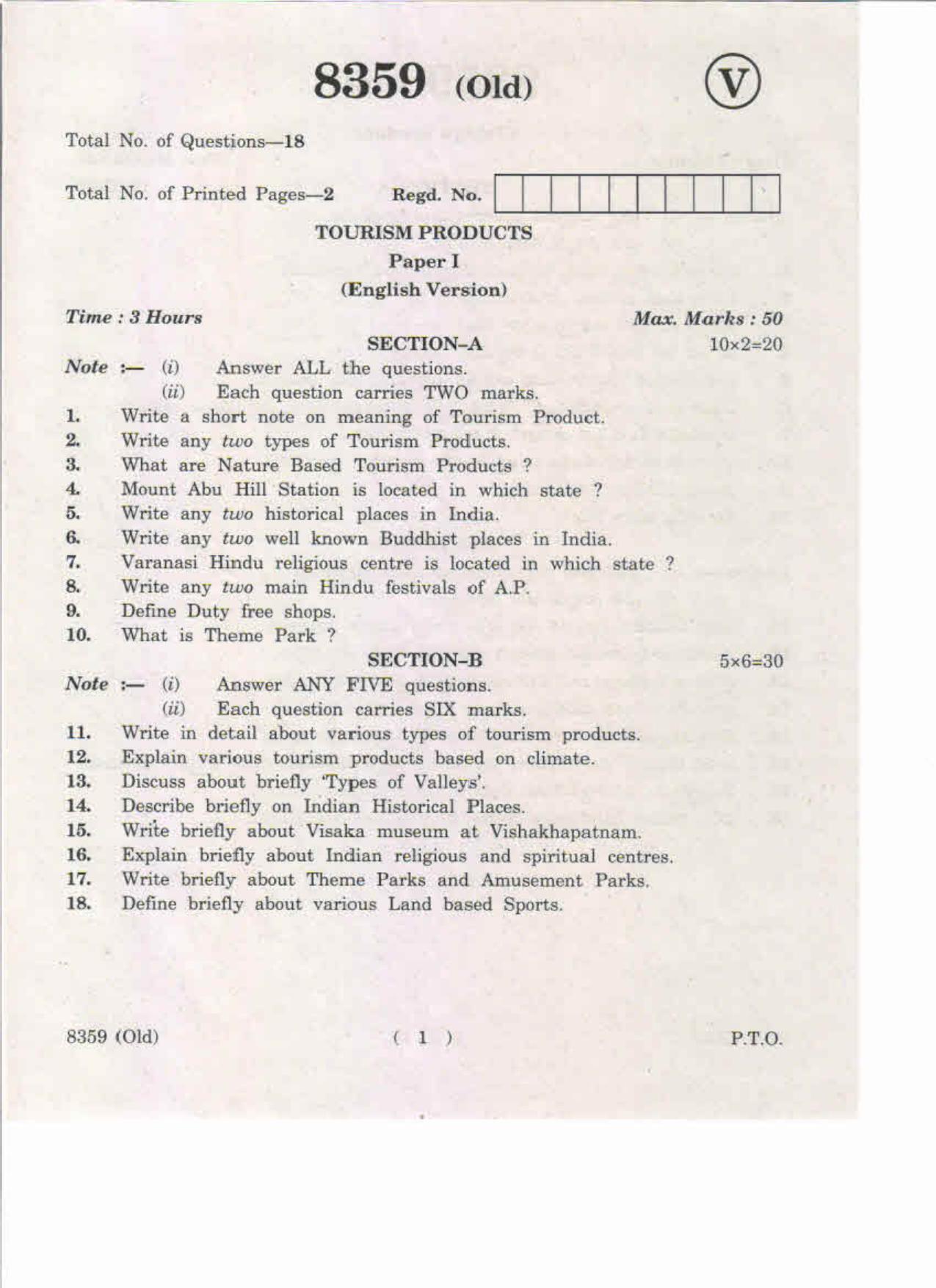 AP Inter 1st Year Tourism Products-I (Old) May-2019-Vocational Question Paper - Page 1