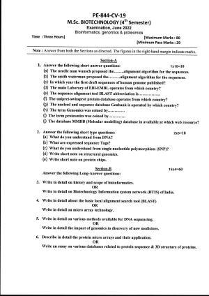 Bilaspur University Question Paper June 2022:M.Sc. Biotechnology (Fourth Semester) Bioinformatics,Genomics And Proteomics Paper 1