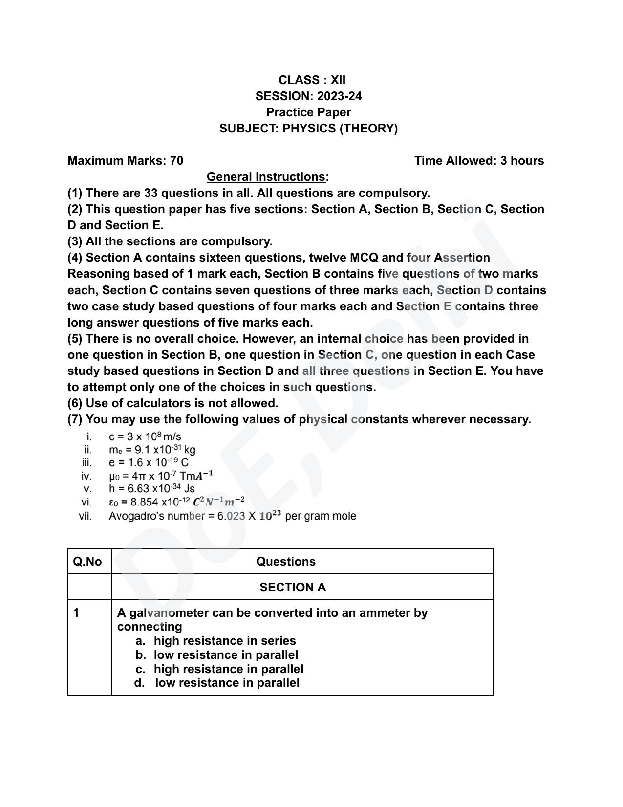 Edudel Class 12 Physics (English) Practice Papers-2 (2023-24) - Page 1
