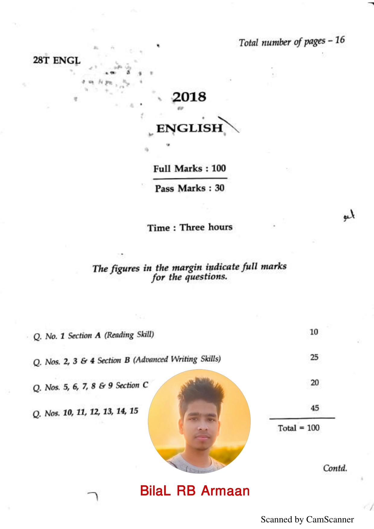 Assam HS 2nd Year English 2018 Question Paper - Page 1