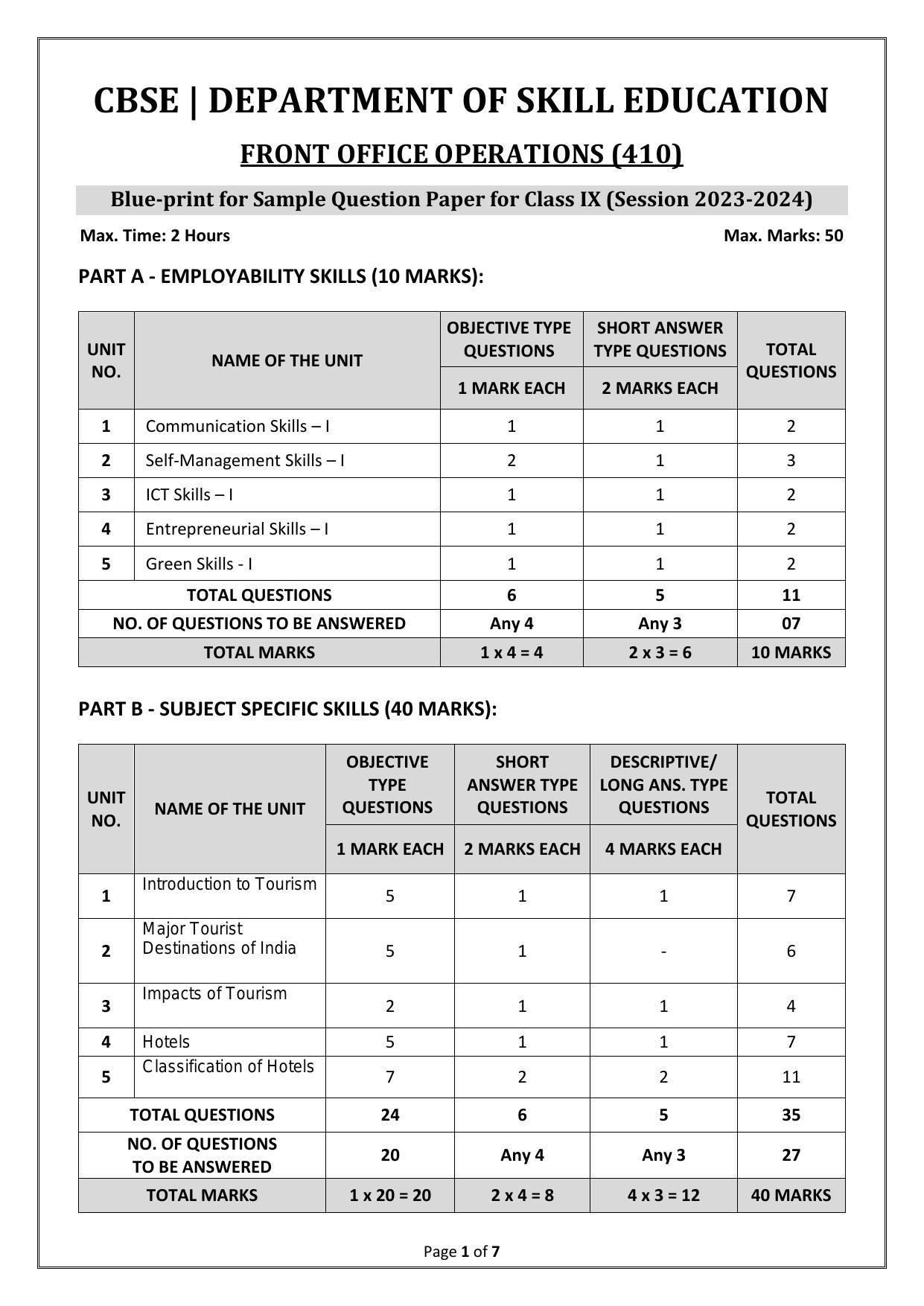CBSE Class 9 FRONT OFFICE OPERATIONS Skill Education-Sample Paper 2024 - Page 1