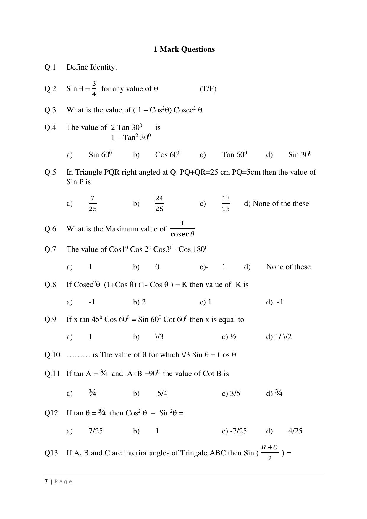 JKBOSE Class 10 Maths: CHAPTER 8 Trigonometry Question Bank - Page 7