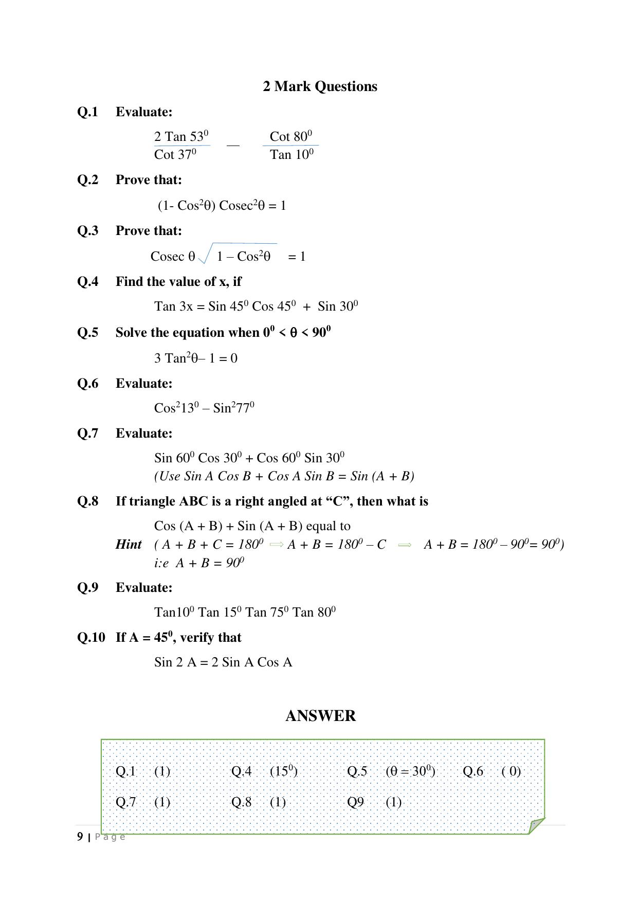 JKBOSE Class 10 Maths: CHAPTER 8 Trigonometry Question Bank - Page 9
