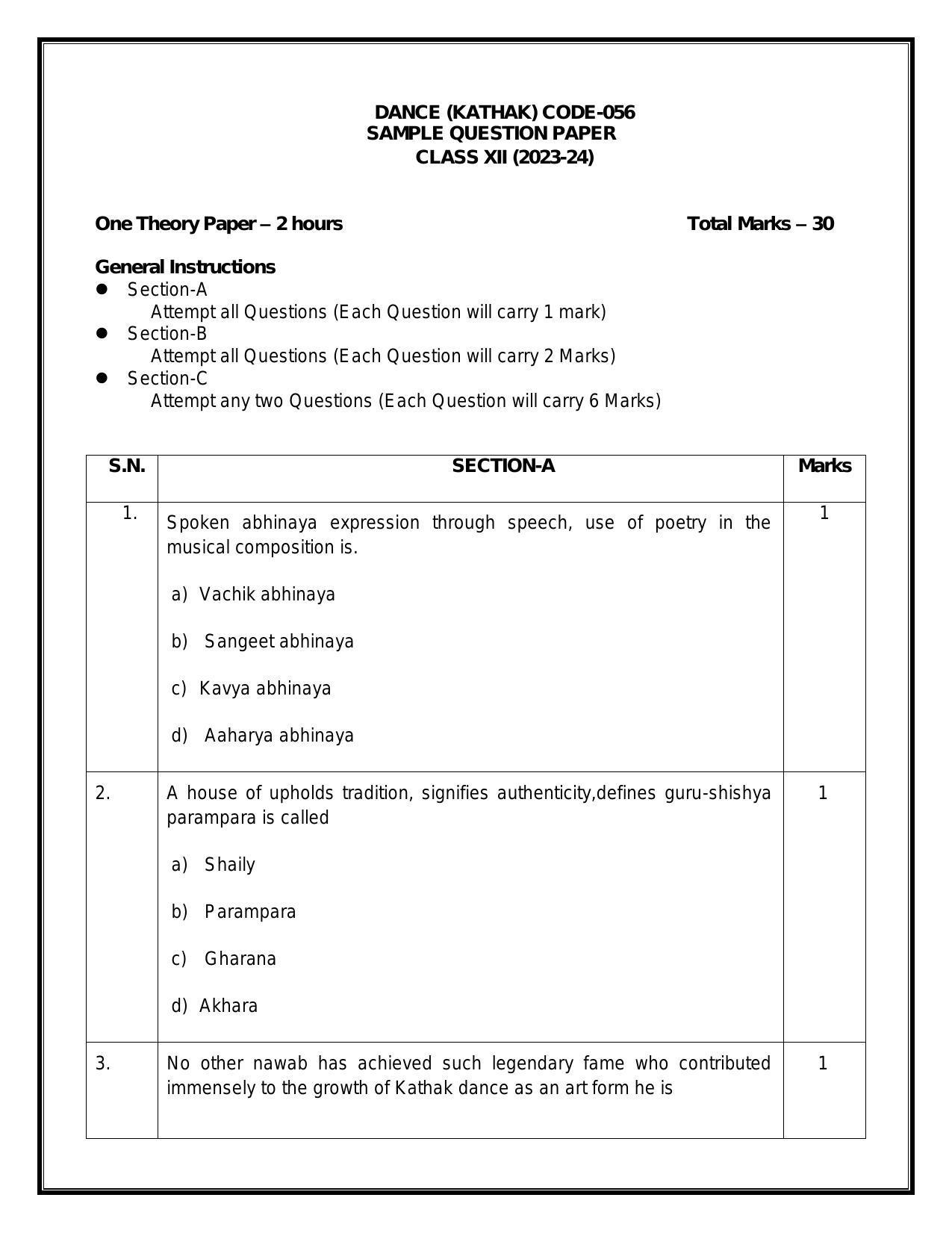 CBSE Class 12 Kathak Sample Paper 2024 - Page 1