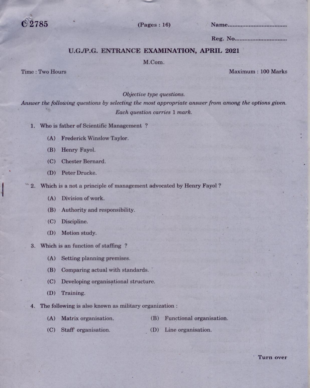 CUCAT 2021 M.Com Question Paper - Page 1