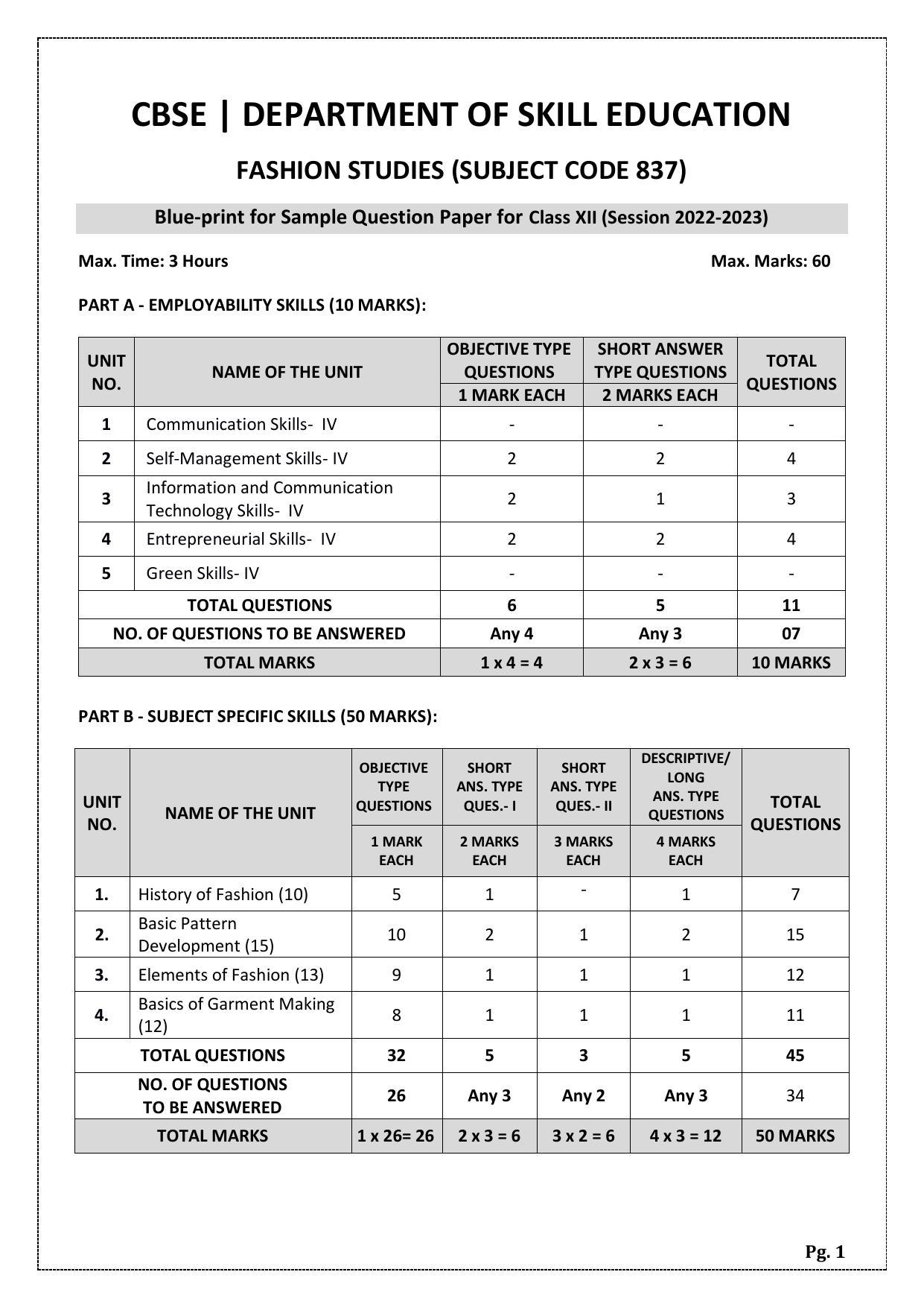 CBSE Class 12 fashion Studies (Skill Education) Sample Papers 2023 - Page 1