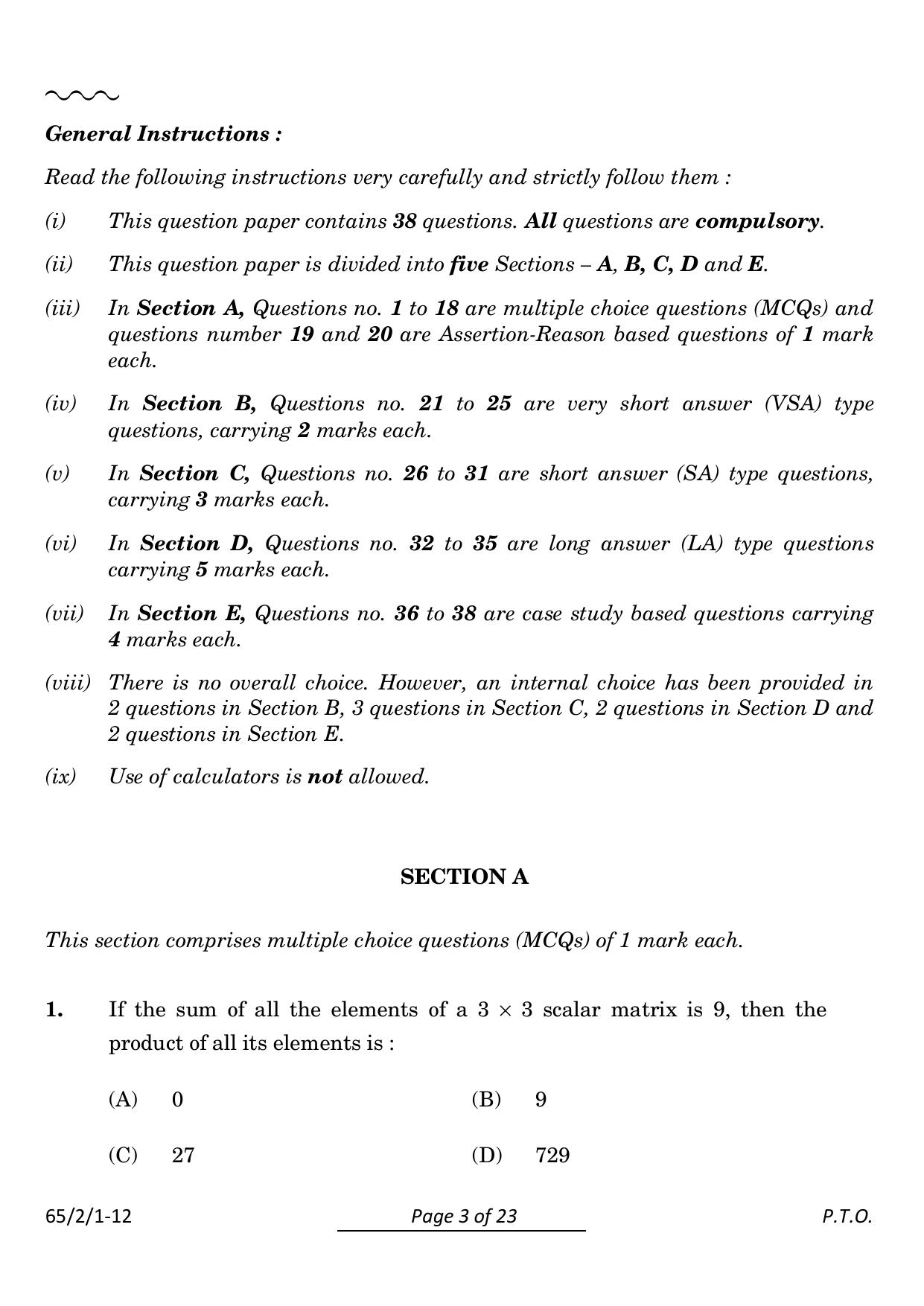 CBSE Class 12 65-2-1 Mathematics 2024 Question Paper - Page 3