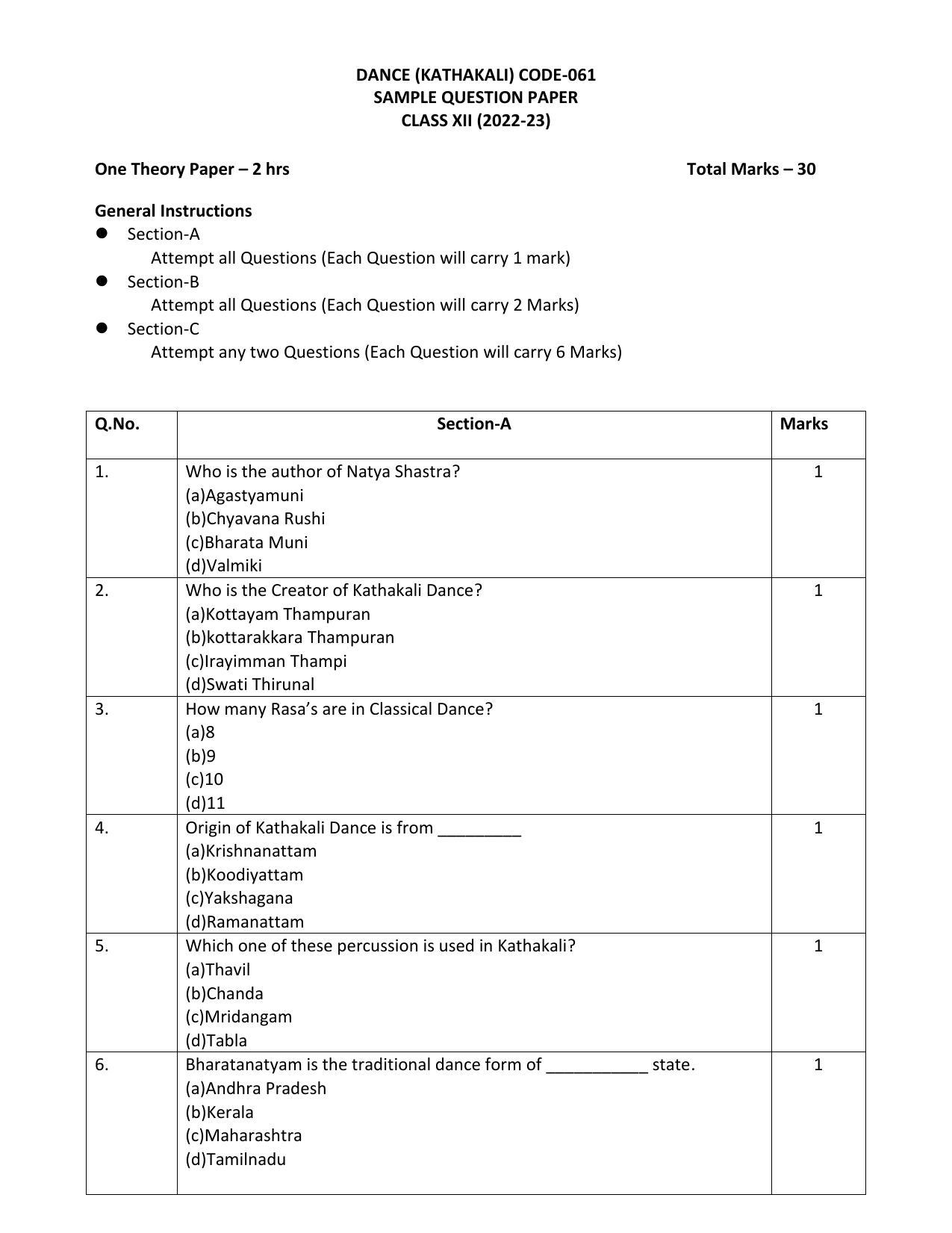 CBSE Class 12 Kathakali Sample Paper 2023 - Page 1