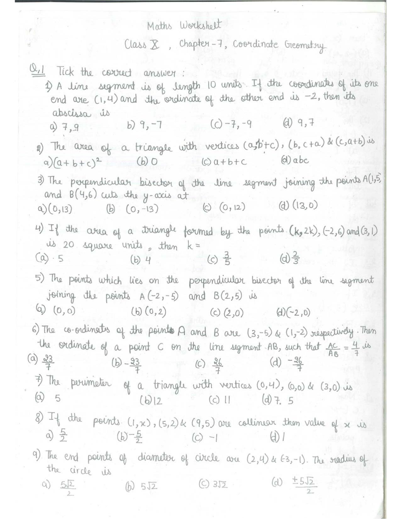 CBSE Worksheets for Class 10 Maths Coordinate Geometry Assignment 1 - Page 1