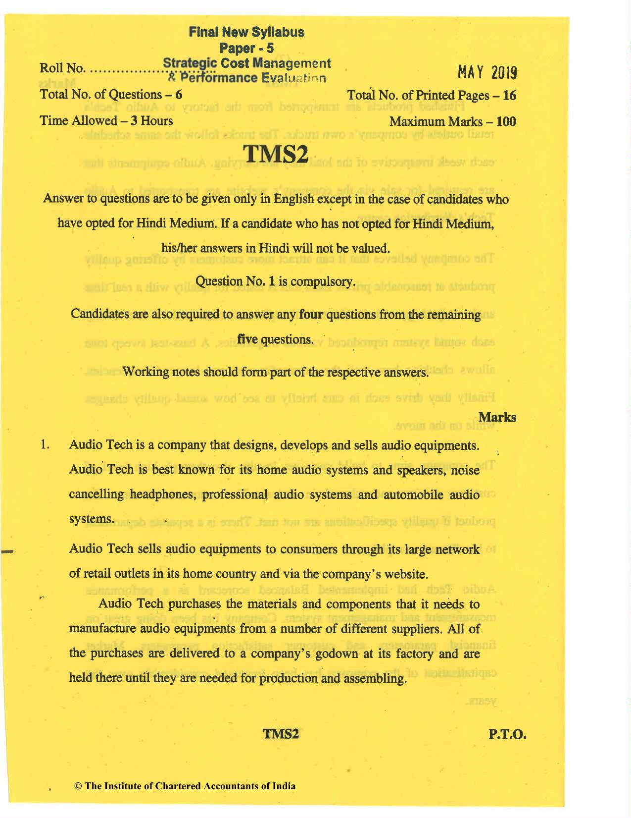 CA Final May 2019 Question Paper - Paper 5 – Strategic Cost Management and Performance Evaluation - Page 1