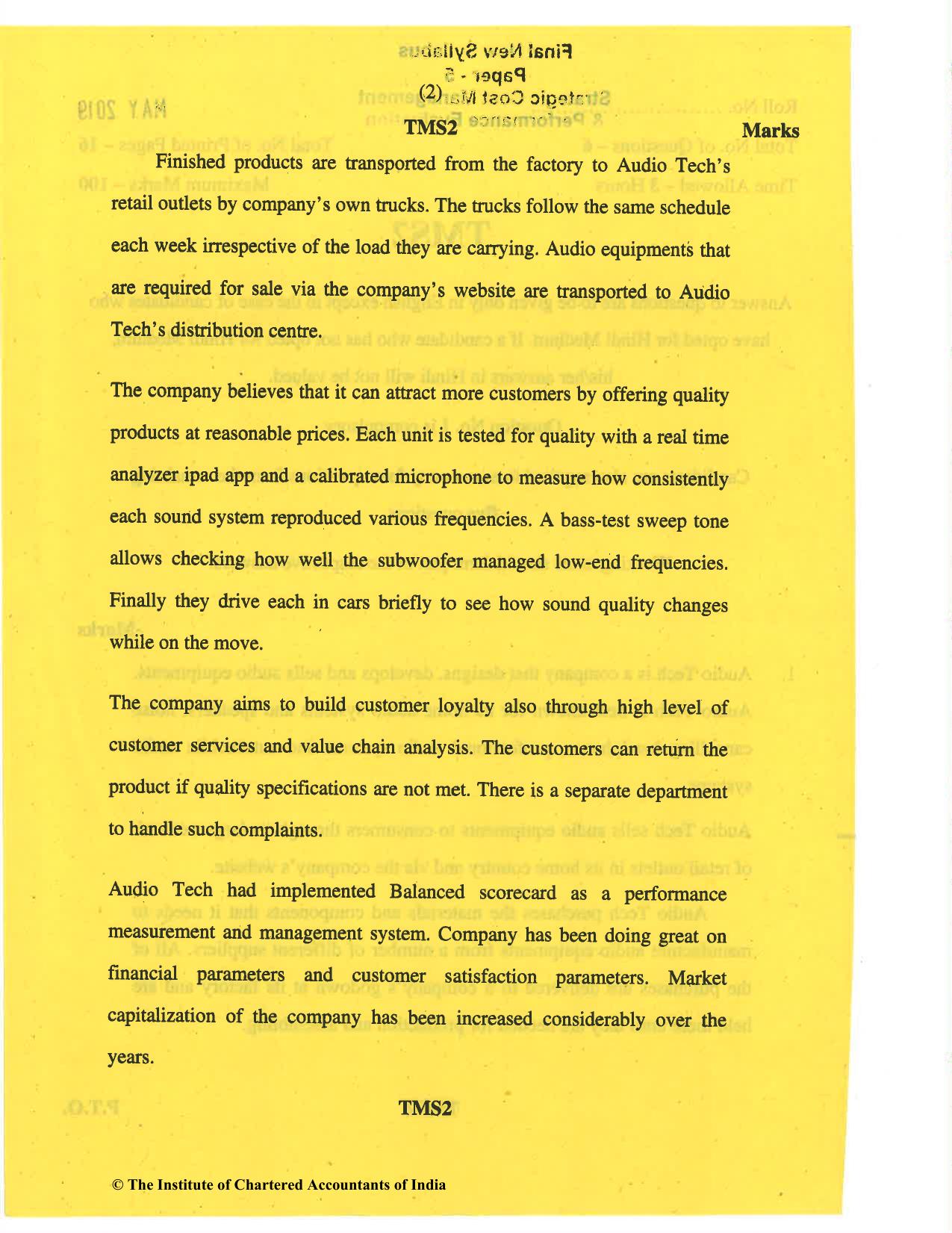 CA Final May 2019 Question Paper - Paper 5 – Strategic Cost Management and Performance Evaluation - Page 2