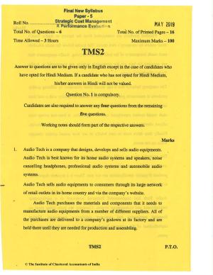CA Final May 2019 Question Paper - Paper 5 – Strategic Cost Management and Performance Evaluation