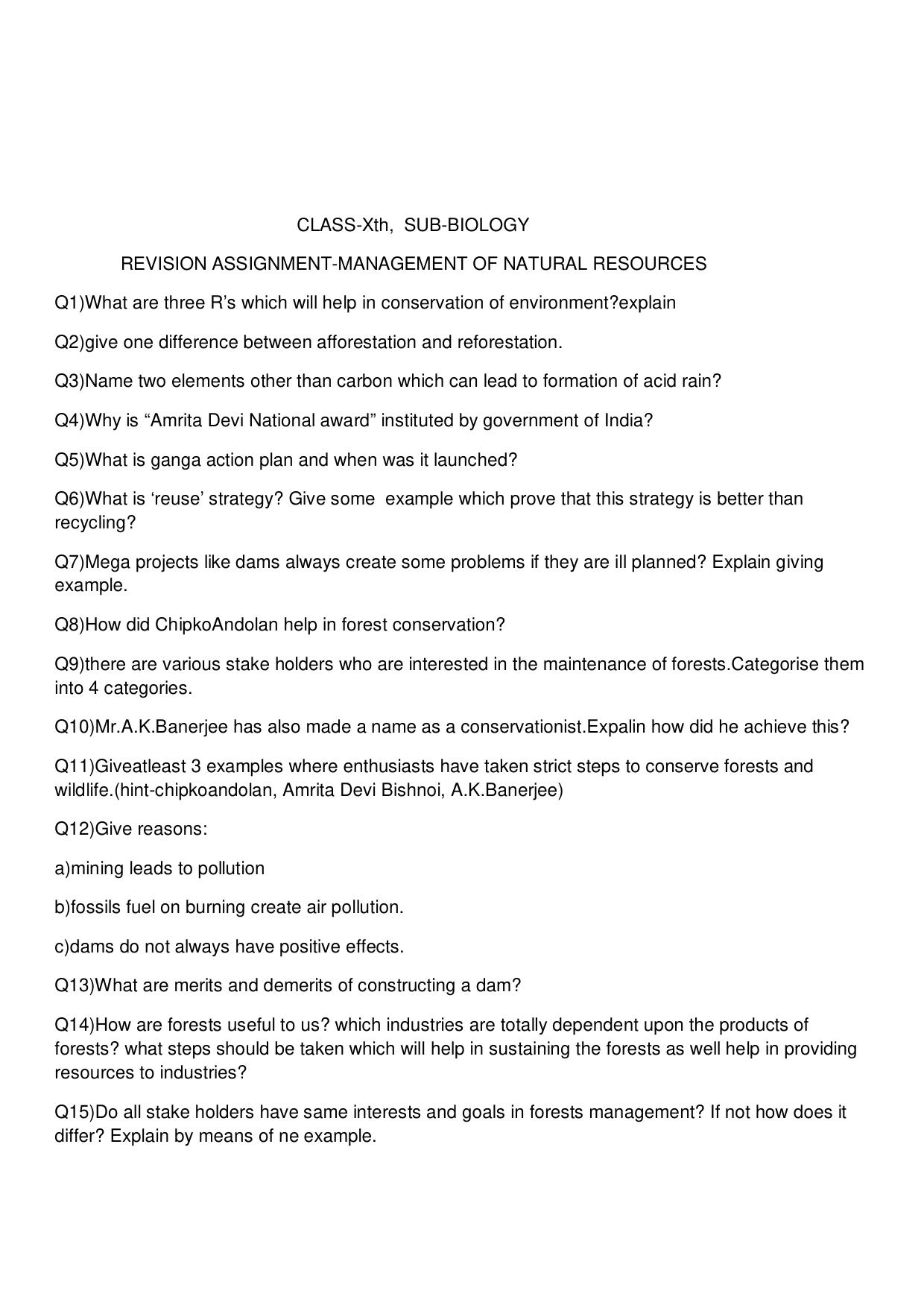 CBSE Worksheets for Class 10 Biology Management Of Natural Resources Assignment 2 - Page 1
