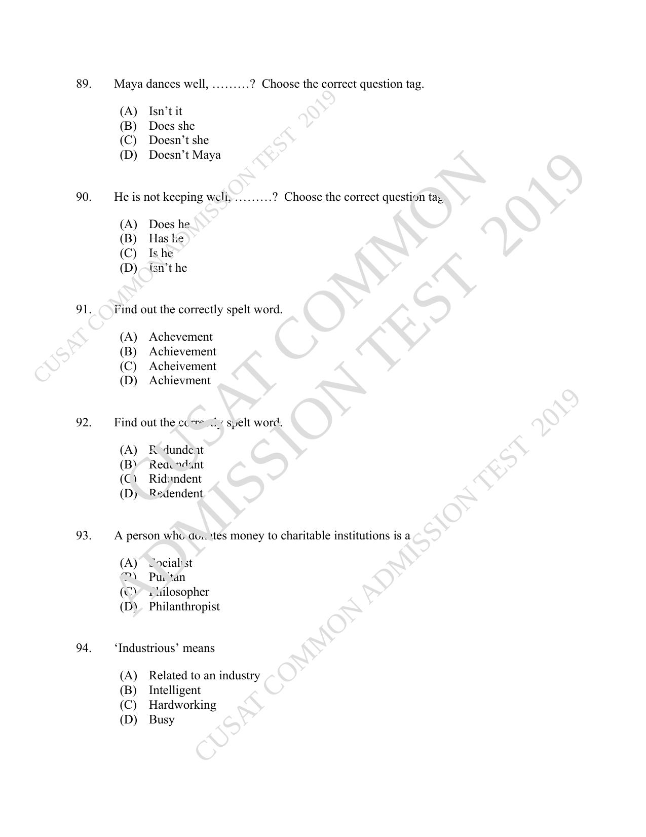 CUSAT CAT 2019 MVoc Technology Question Paper With Answer Key - Page 20