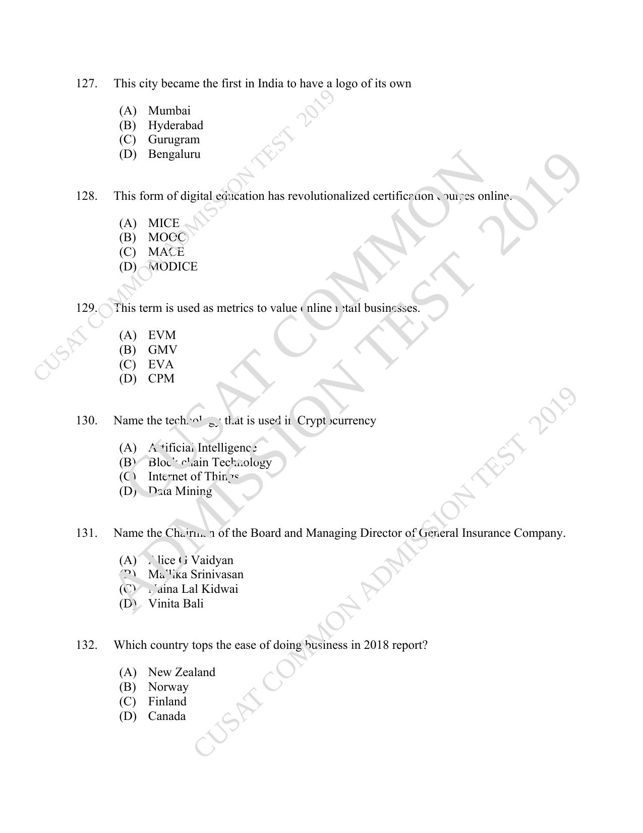 CUSAT CAT 2019 MVoc Technology Question Paper With Answer Key - Page 31