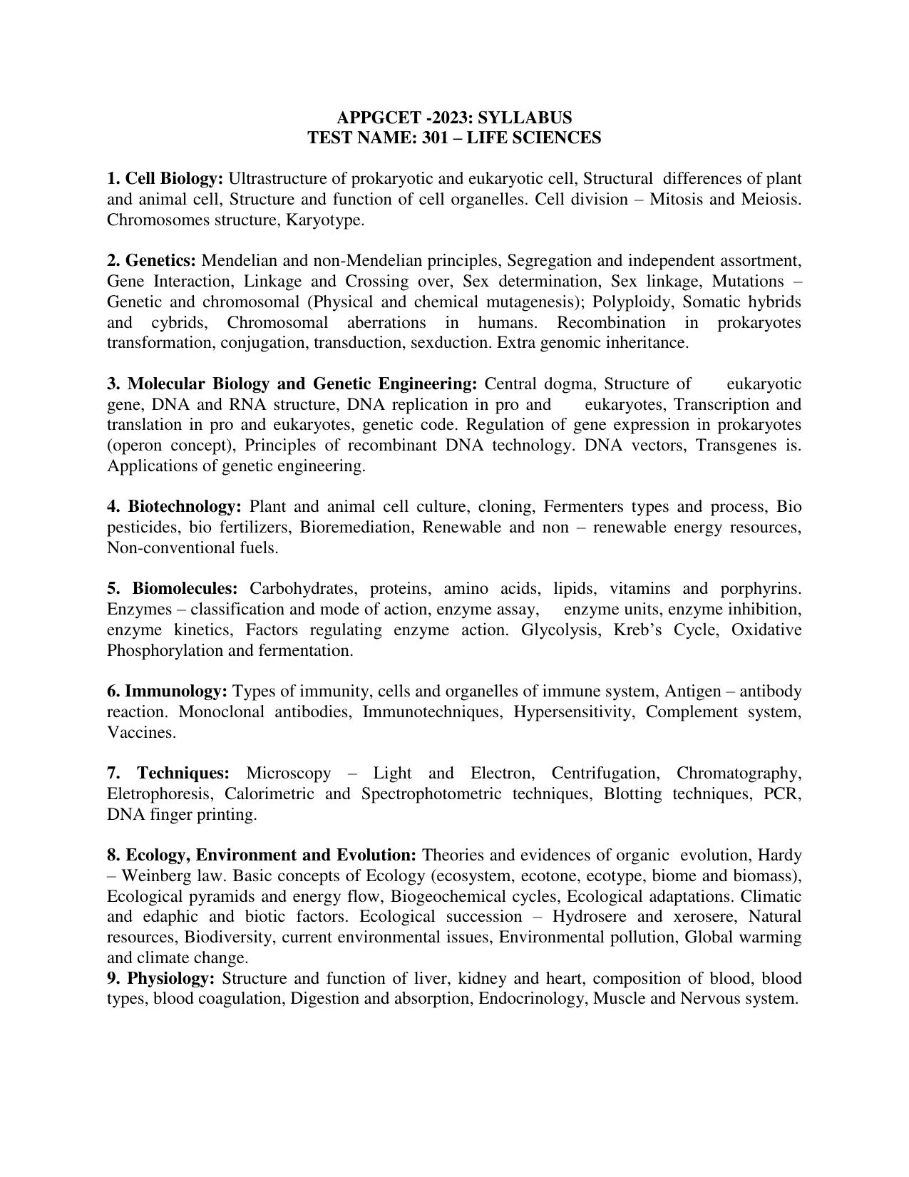 AP PGCET LIFE SCIENCES Syllabus - Page 1