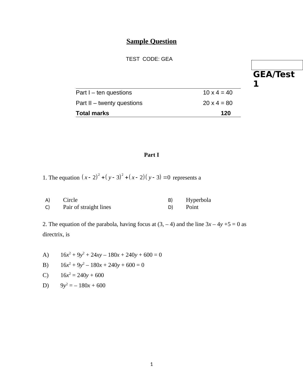 ISI Admission Test JRF in Geology GEA 2019 Sample Paper - Page 1