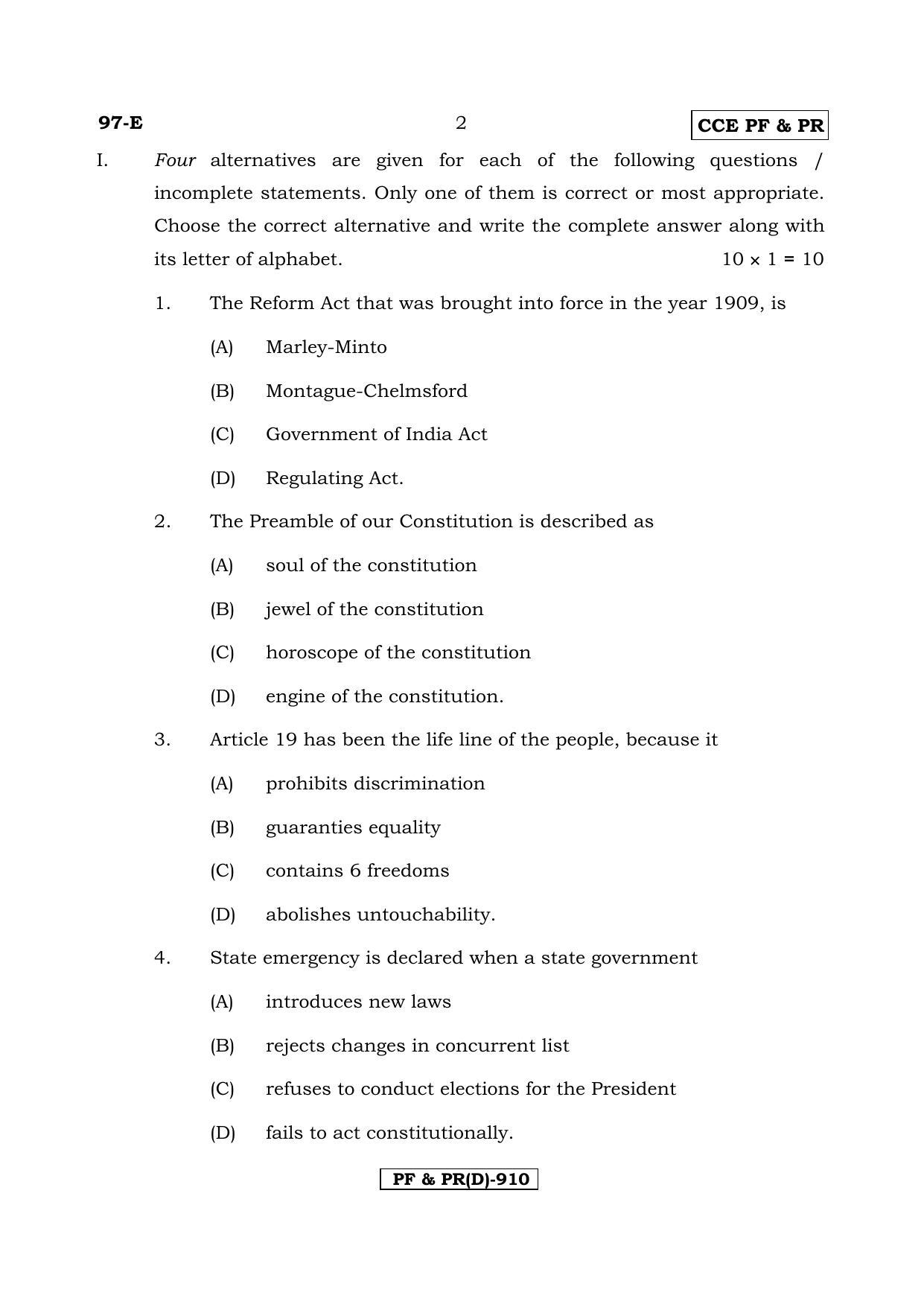 Karnataka SSLC POLITICAL SCIENCE - ENGLISH (97E-D Version_16) March/April 2019 Question Paper - Page 2