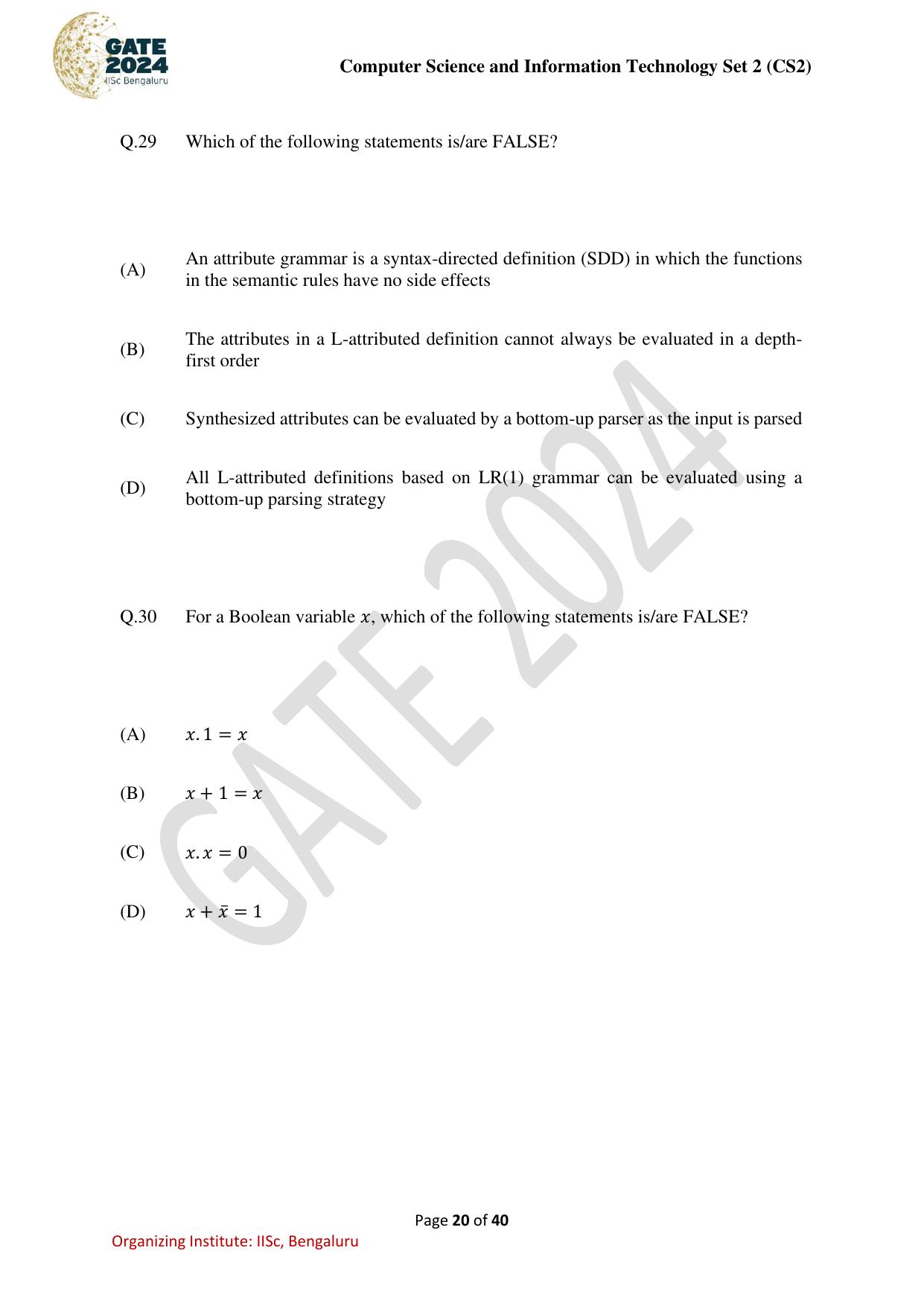 GATE 2024 Computer Science and Information Technology (CS-2) (Afternoon) Question Paper - Page 20