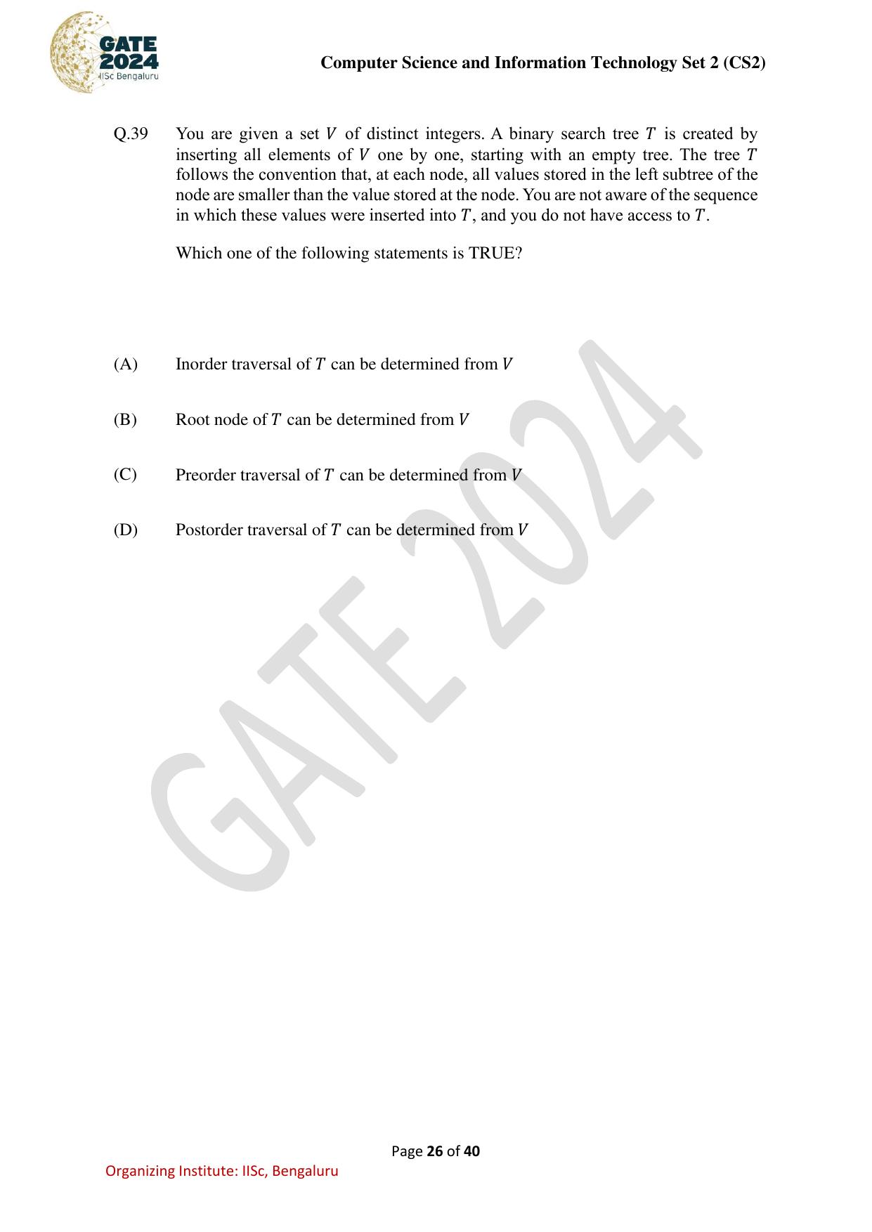 GATE 2024 Computer Science and Information Technology (CS-2) (Afternoon) Question Paper - Page 26