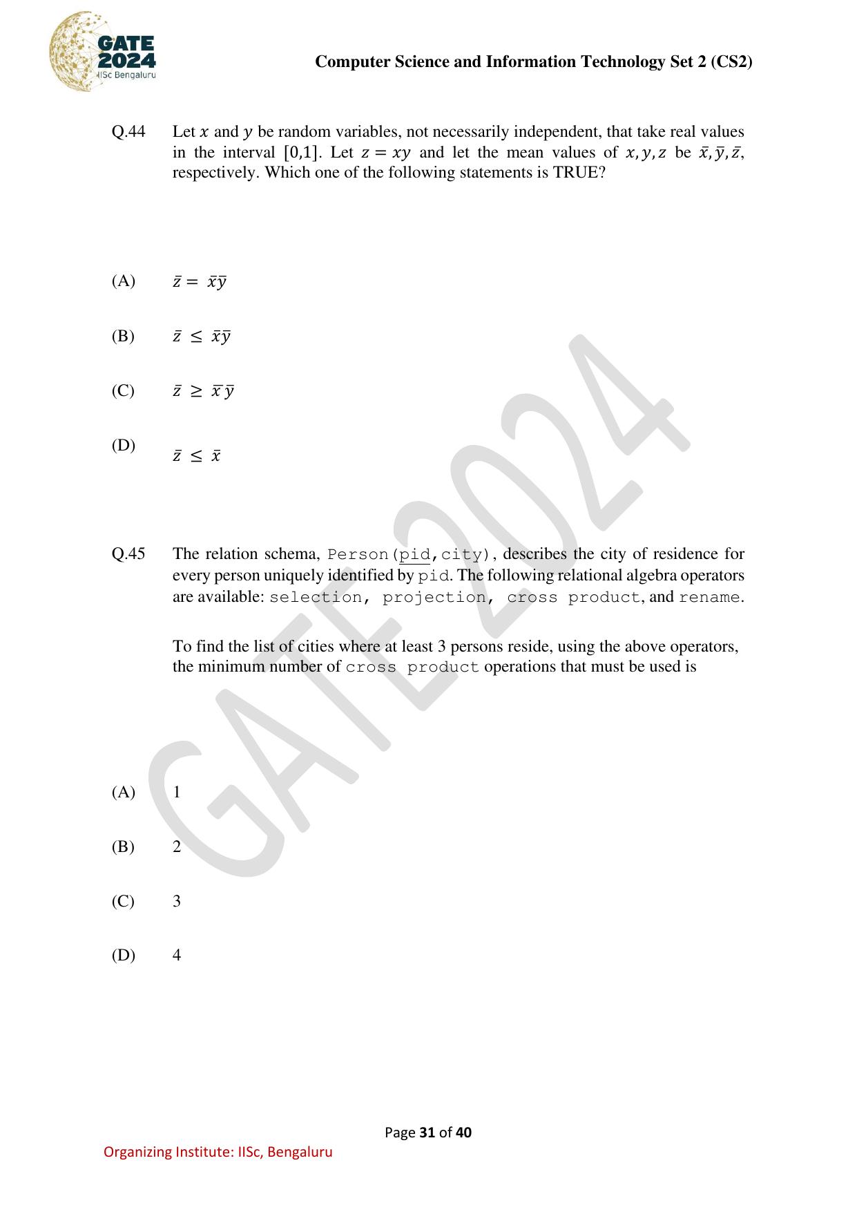 GATE 2024 Computer Science and Information Technology (CS-2) (Afternoon) Question Paper - Page 31