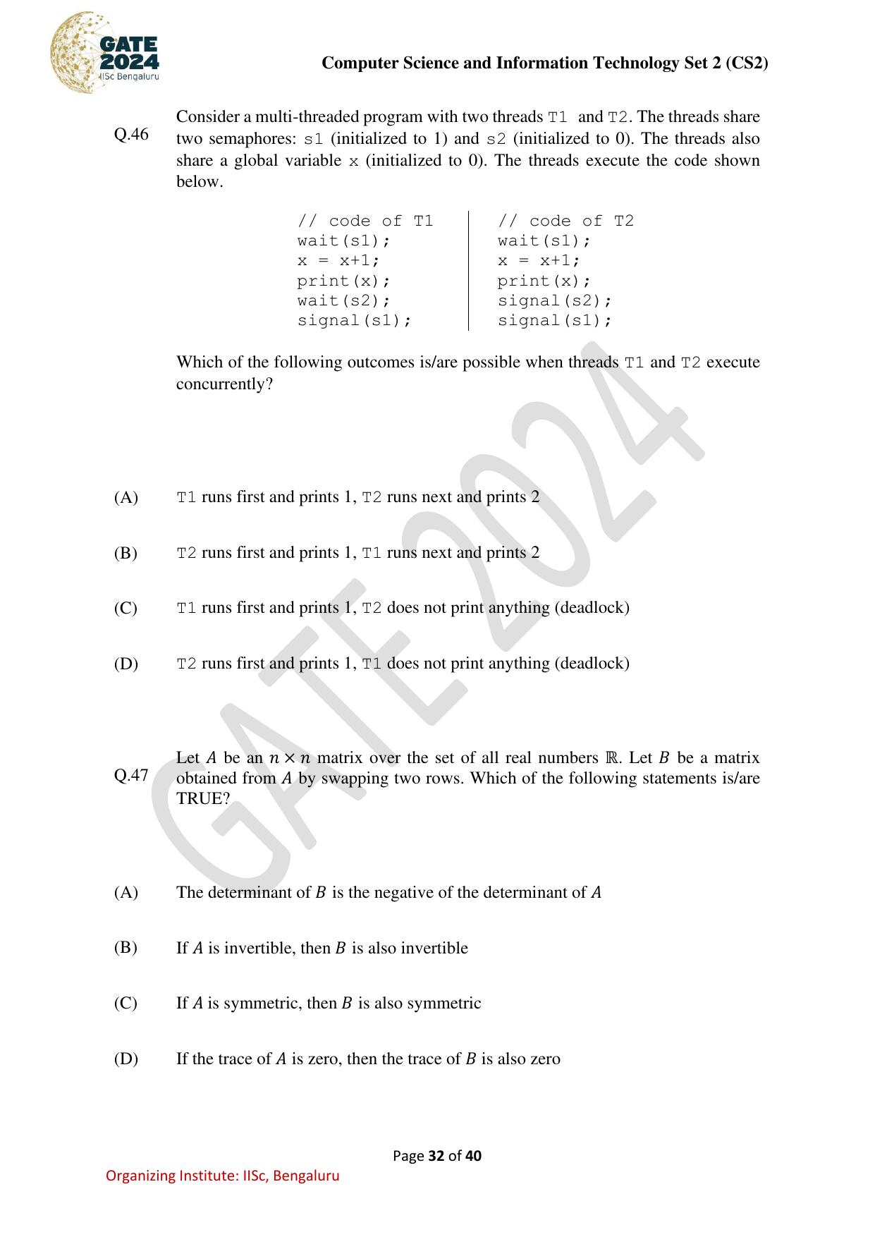 GATE 2024 Computer Science and Information Technology (CS-2) (Afternoon) Question Paper - Page 32