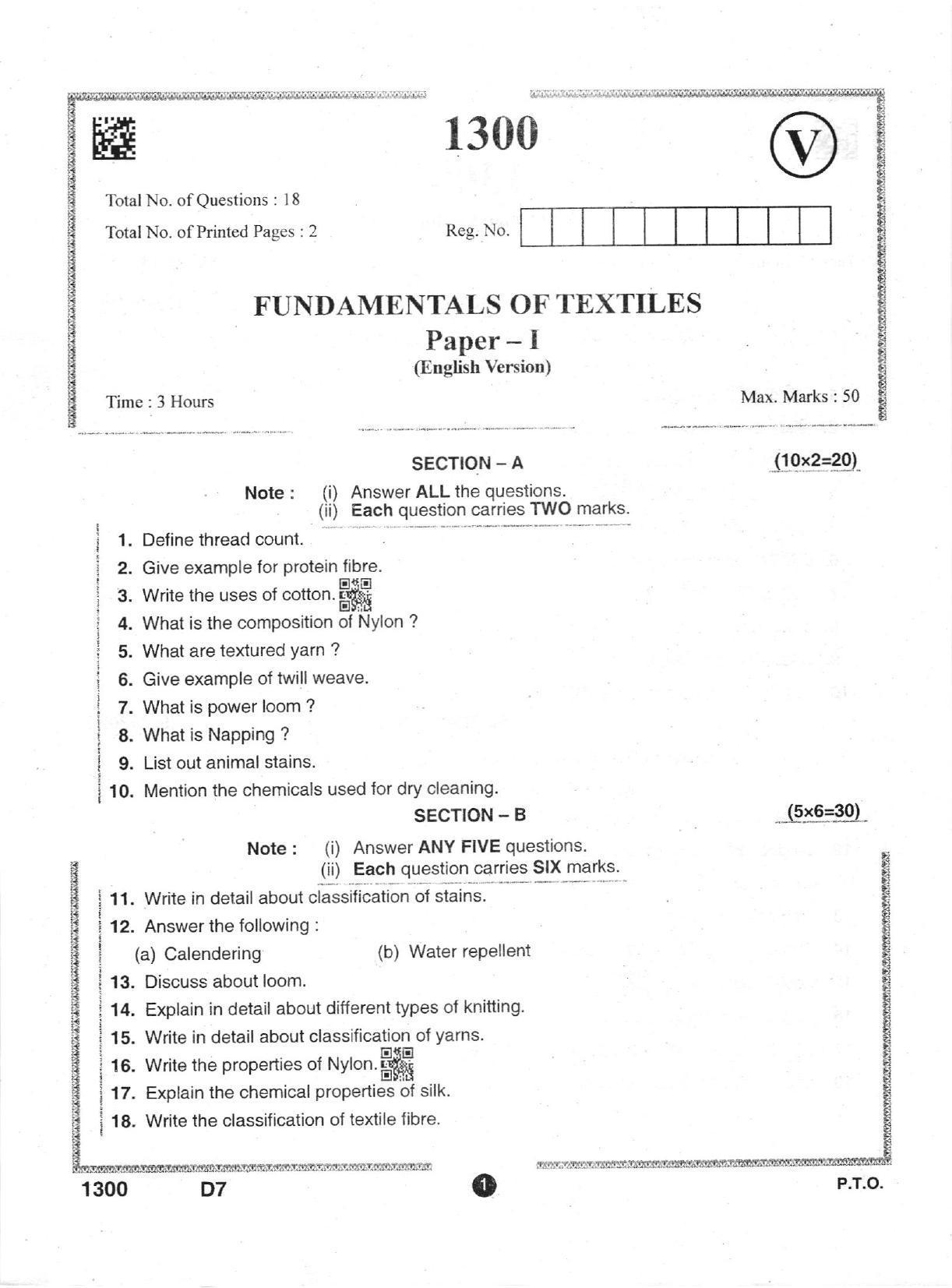 AP Intermediate 2nd Year Vocational Question Paper September-2021- Fundamentals-of_Textiles-I - Page 1