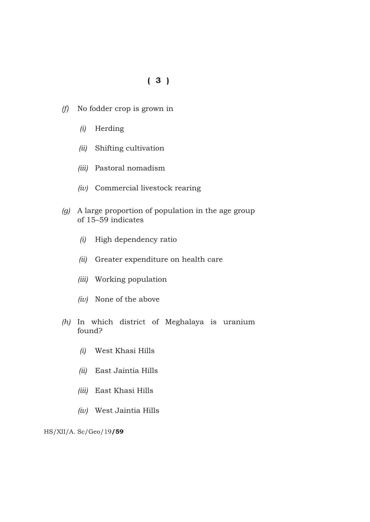 Meghalaya Board (MBOSE) Class 12 GEOGRAPHY ( Theory ) 2019 Question Paper - Page 3