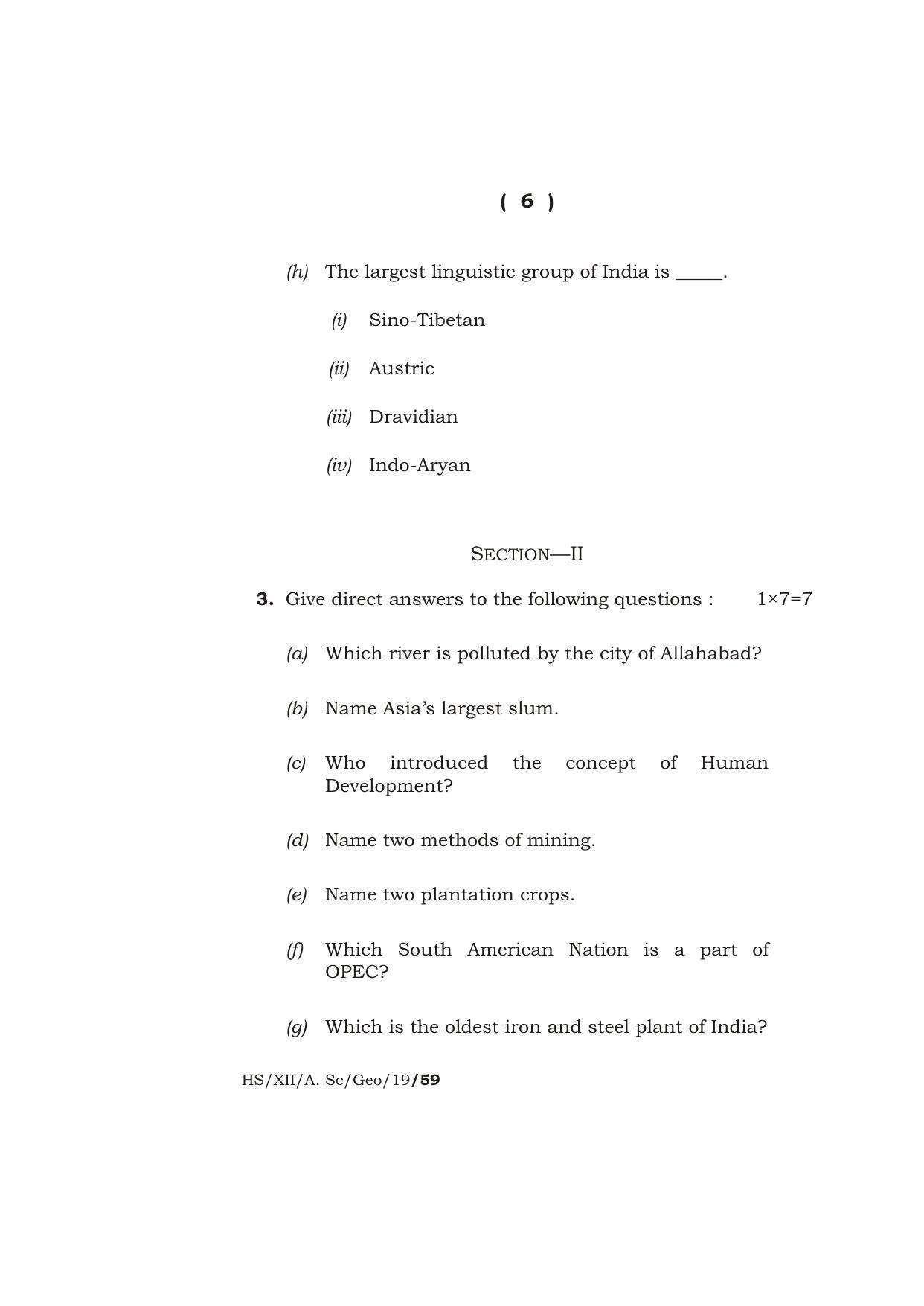 Meghalaya Board (MBOSE) Class 12 GEOGRAPHY ( Theory ) 2019 Question Paper - Page 6