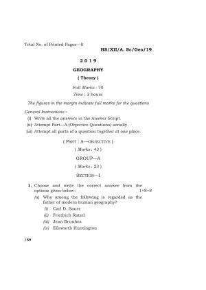 Meghalaya Board (MBOSE) Class 12 GEOGRAPHY ( Theory ) 2019 Question Paper