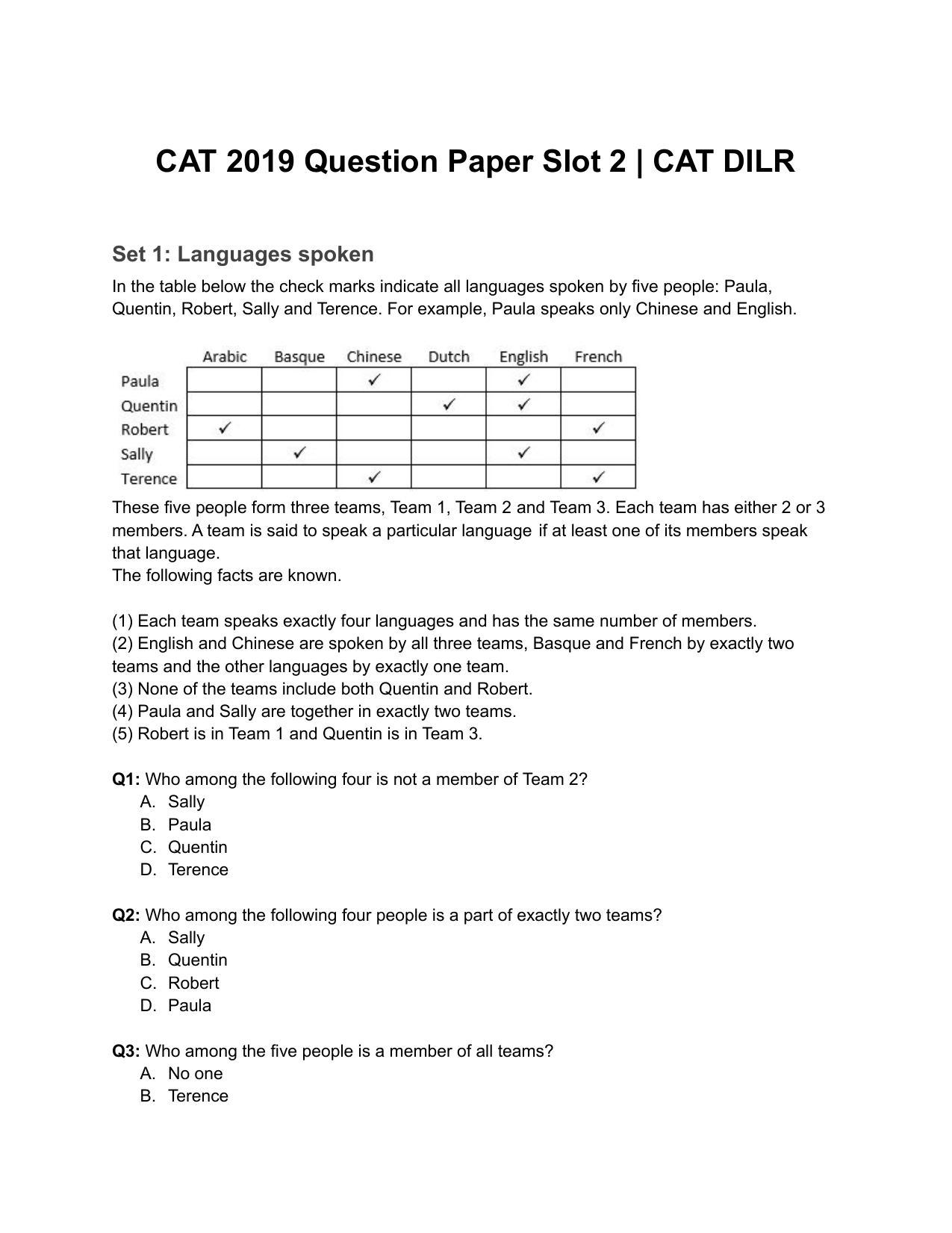 CAT 2019 CAT DILR Slot 2 Question Paper - Page 1