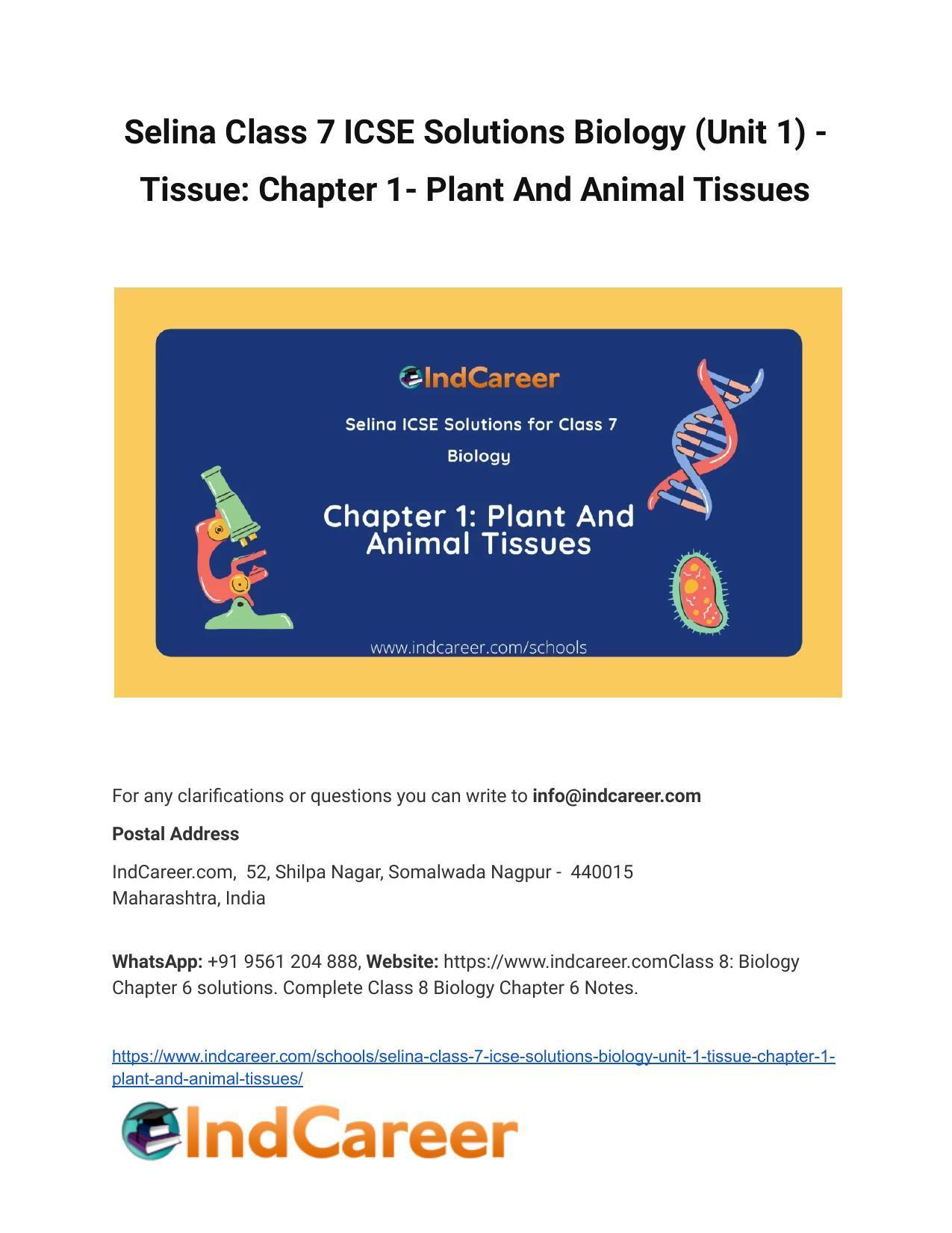 Selina Class 7 ICSE Solutions Biology (Unit 1) - Tissue: Chapter 1- Plant And Animal Tissues - Page 1