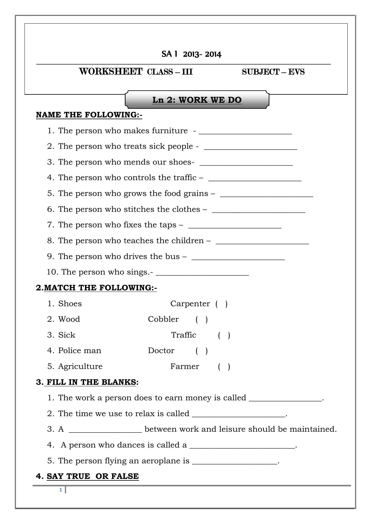 Worksheet for Class 3 EVS Assignment 77 Revision - Page 1