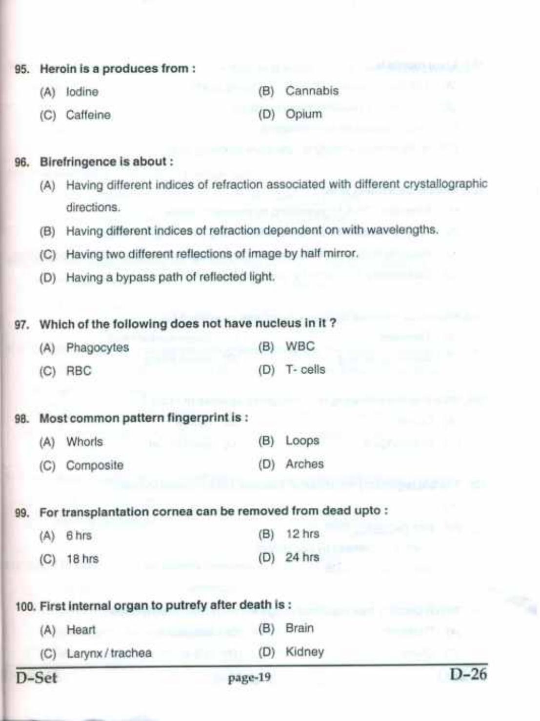 PU CET(PG) 2017: M.Sc. Forensic Science & Criminology SET D Question Paper - Page 19
